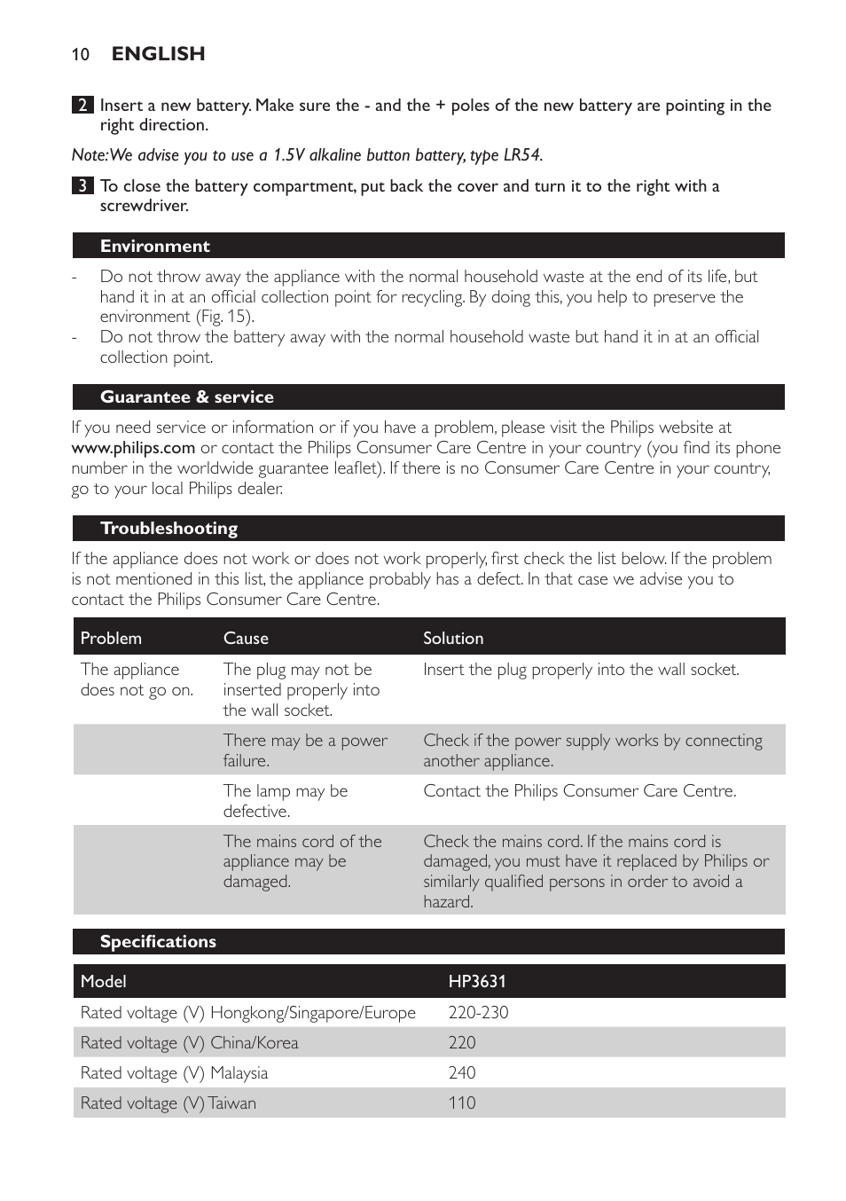 Environment, Guarantee & service, Troubleshooting | Specifications | Philips HP3631 User Manual | Page 10 / 108