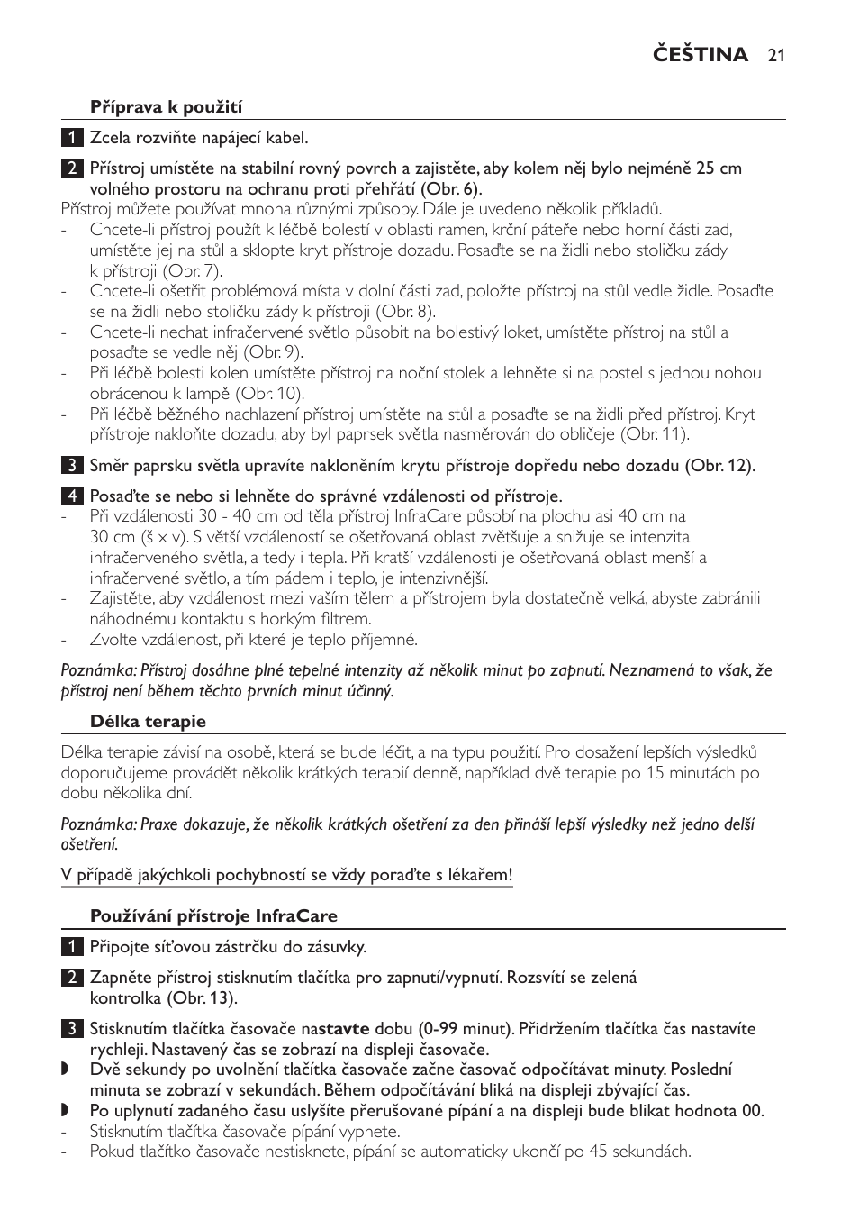 Příprava k použití, Délka terapie, Používání přístroje infracare | Philips HP3631 User Manual | Page 21 / 108