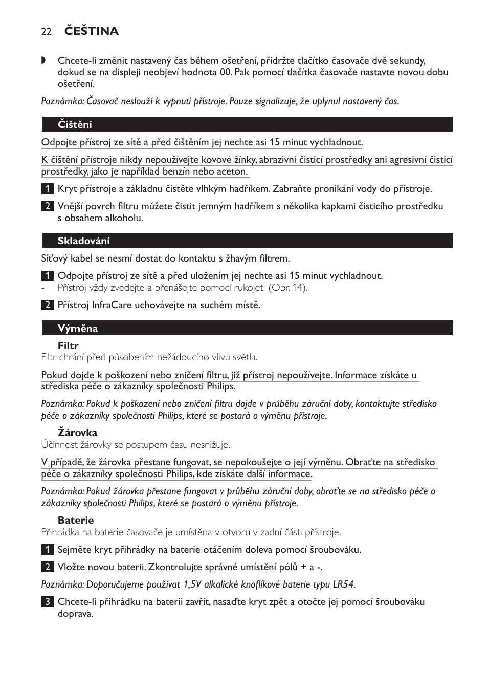 Filtr, Žárovka, Baterie | Čištění, Skladování, Výměna, Životní prostředí | Philips HP3631 User Manual | Page 22 / 108