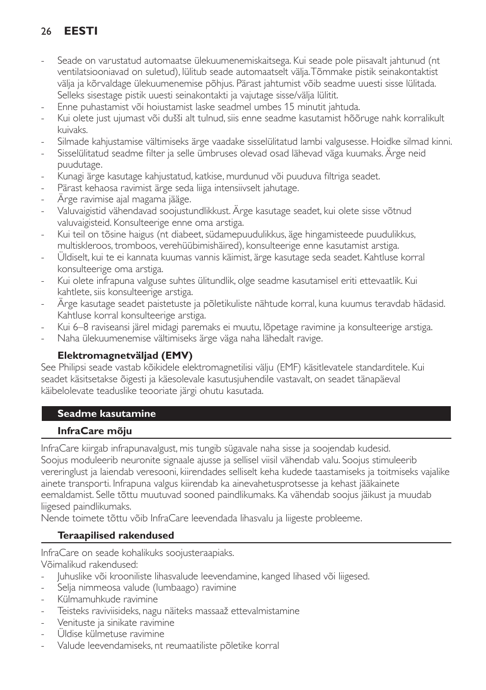 Elektromagnetväljad (emv), Seadme kasutamine, Infracare mõju | Teraapilised rakendused | Philips HP3631 User Manual | Page 26 / 108