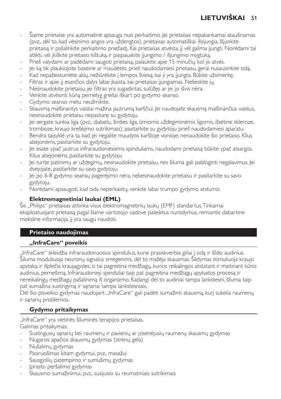 Elektromagnetiniai laukai (eml), Prietaiso naudojimas, Infracare“ poveikis | Gydymo pritaikymas | Philips HP3631 User Manual | Page 51 / 108