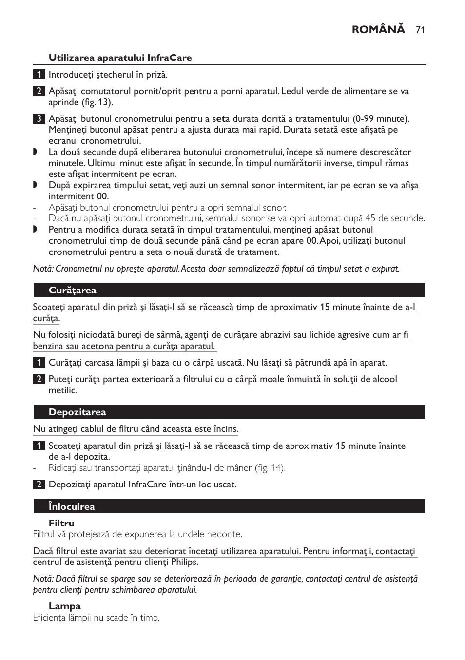 Filtru, Lampa, Curăţarea | Depozitarea, Înlocuirea | Philips HP3631 User Manual | Page 71 / 108