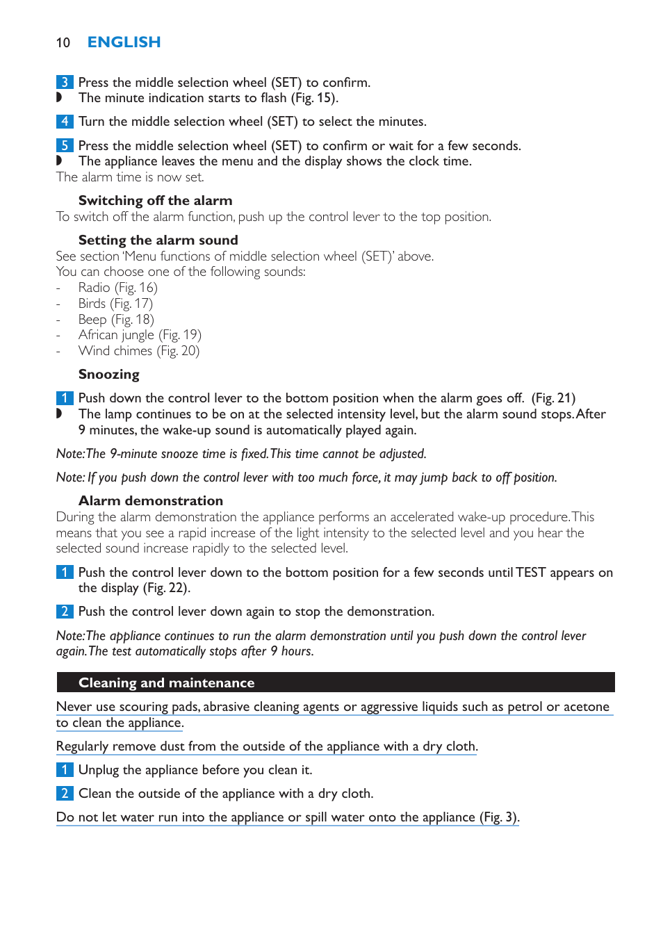 Switching off the alarm, Setting the alarm sound, Snoozing | Alarm demonstration, Cleaning and maintenance | Philips HF3475 User Manual | Page 10 / 108