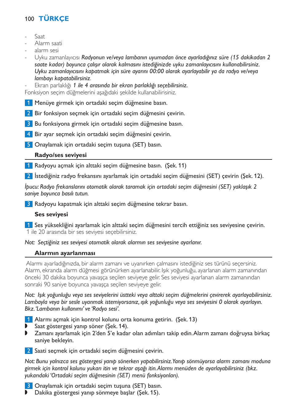 Radyo/ses seviyesi, Ses seviyesi, Alarmın ayarlanması | Philips HF3475 User Manual | Page 100 / 108