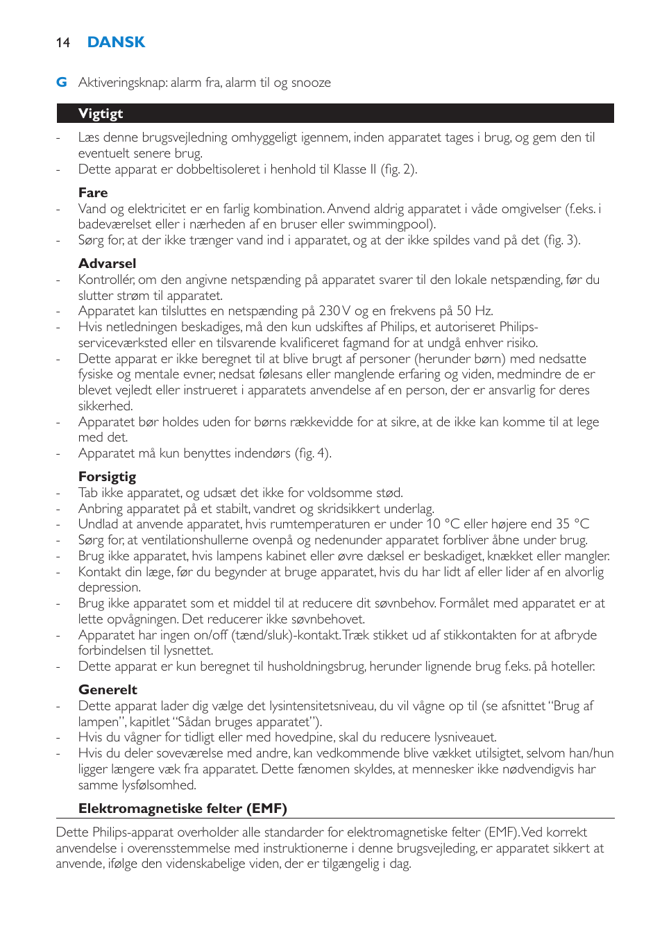 Fare, Advarsel, Forsigtig | Generelt, Vigtigt, Elektromagnetiske felter (emf) | Philips HF3475 User Manual | Page 14 / 108