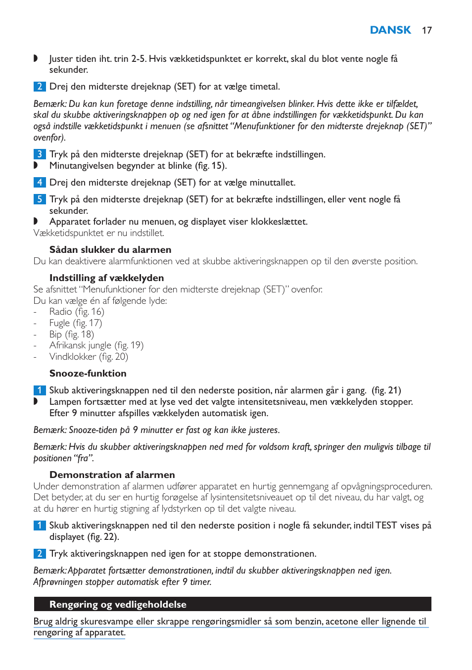 Sådan slukker du alarmen, Indstilling af vækkelyden, Snooze-funktion | Demonstration af alarmen, Rengøring og vedligeholdelse | Philips HF3475 User Manual | Page 17 / 108