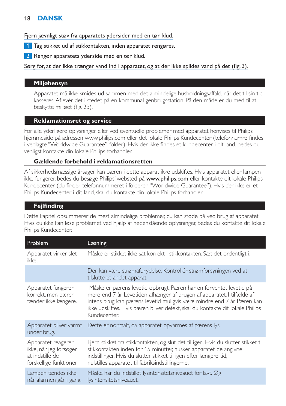 Miljøhensyn, Reklamationsret og service, Gældende forbehold i reklamationsretten | Fejlfinding | Philips HF3475 User Manual | Page 18 / 108