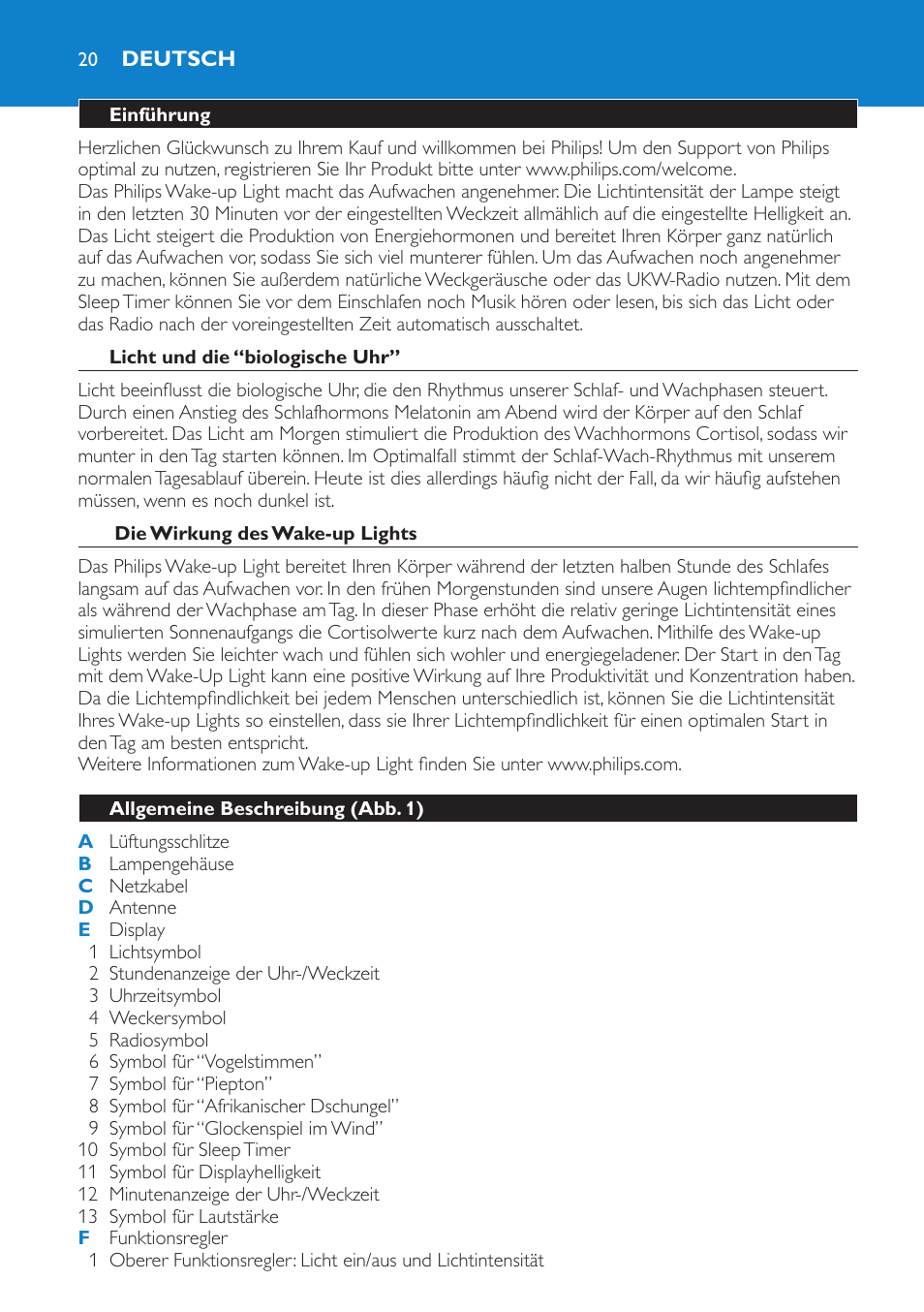 Deutsch, Einführung, Licht und die “biologische uhr | Die wirkung des wake-up lights, Allgemeine beschreibung (abb. 1) | Philips HF3475 User Manual | Page 20 / 108