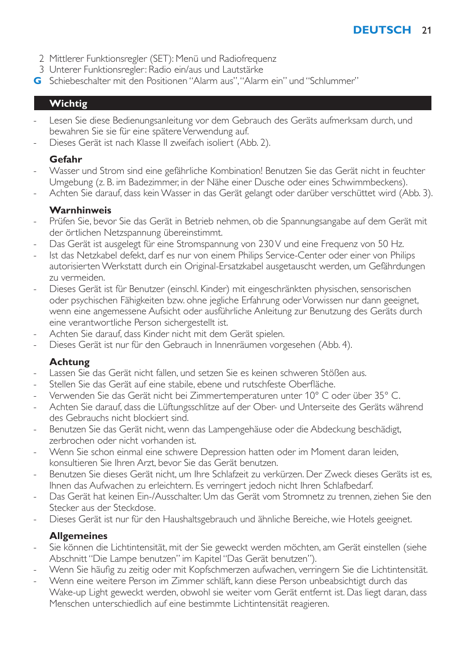 Gefahr, Warnhinweis, Achtung | Allgemeines, Wichtig | Philips HF3475 User Manual | Page 21 / 108