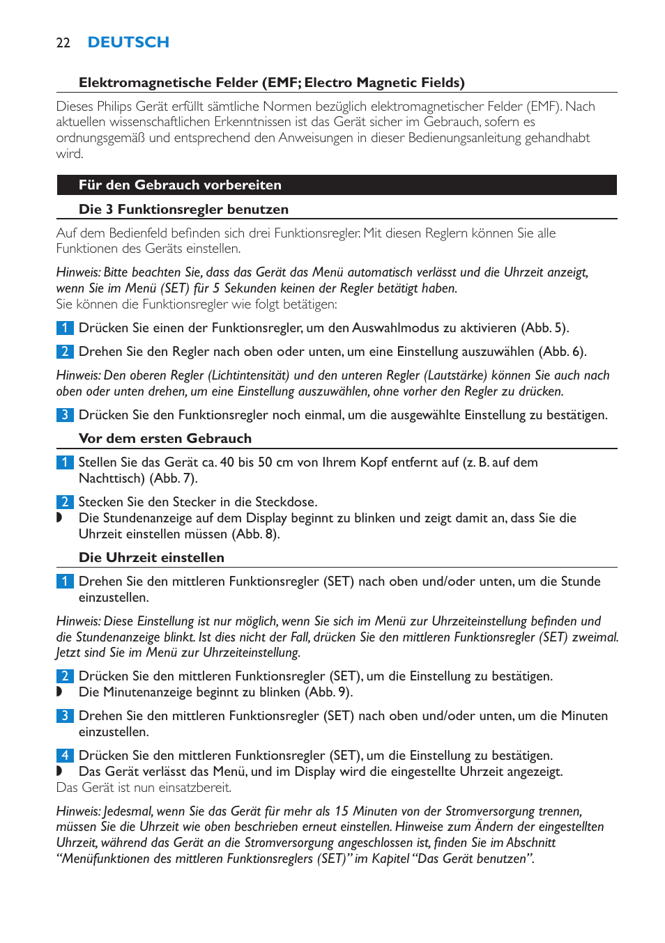 Für den gebrauch vorbereiten, Die 3 funktionsregler benutzen, Vor dem ersten gebrauch | Die uhrzeit einstellen | Philips HF3475 User Manual | Page 22 / 108