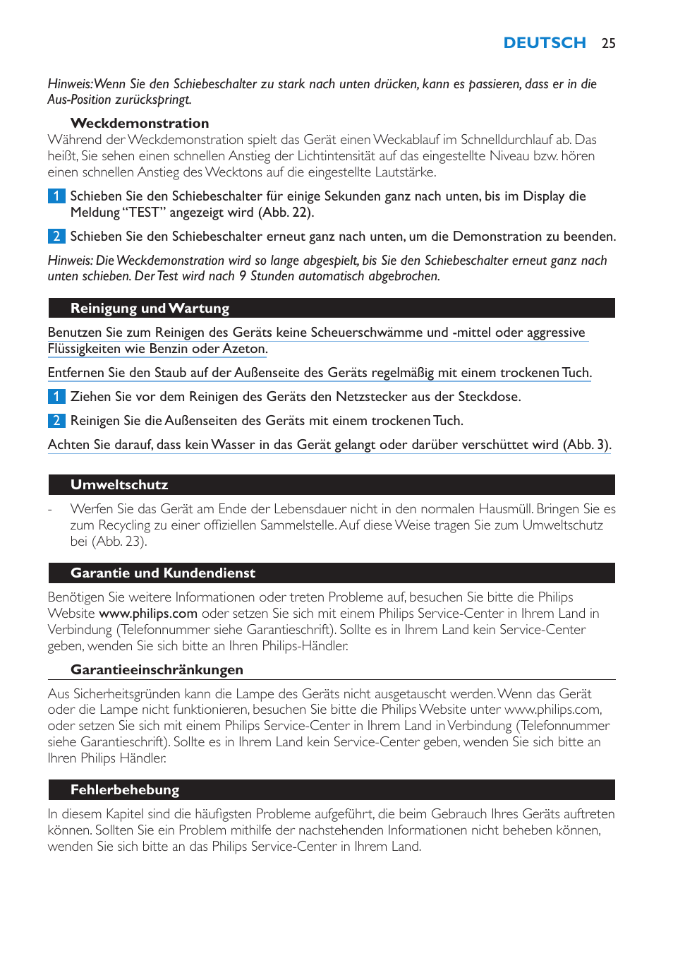 Weckdemonstration, Reinigung und wartung, Umweltschutz | Garantie und kundendienst, Garantieeinschränkungen, Fehlerbehebung | Philips HF3475 User Manual | Page 25 / 108