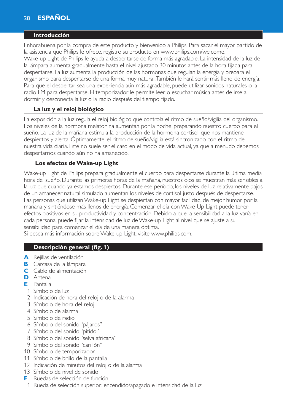 Español, Introducción, La luz y el reloj biológico | Los efectos de wake-up light, Descripción general (fig. 1) | Philips HF3475 User Manual | Page 28 / 108
