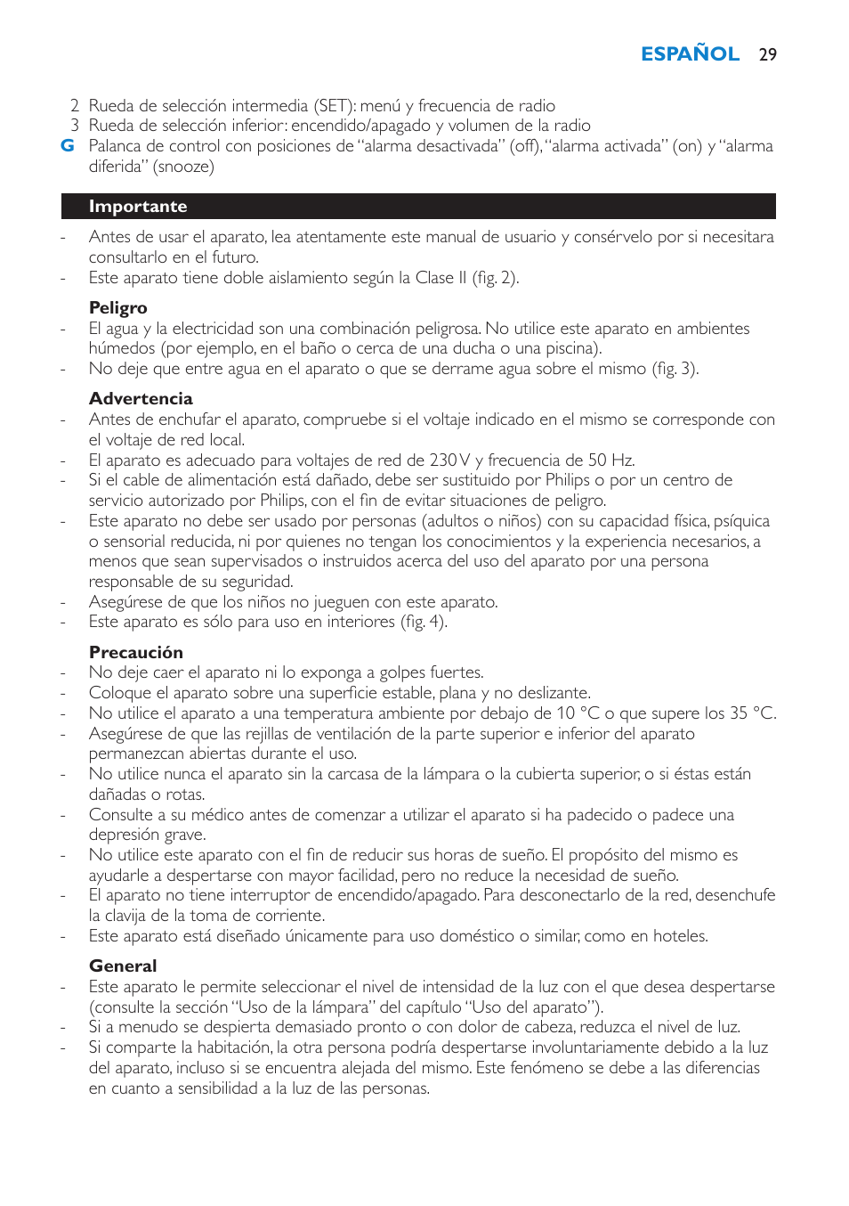 Peligro, Advertencia, Precaución | General, Importante | Philips HF3475 User Manual | Page 29 / 108