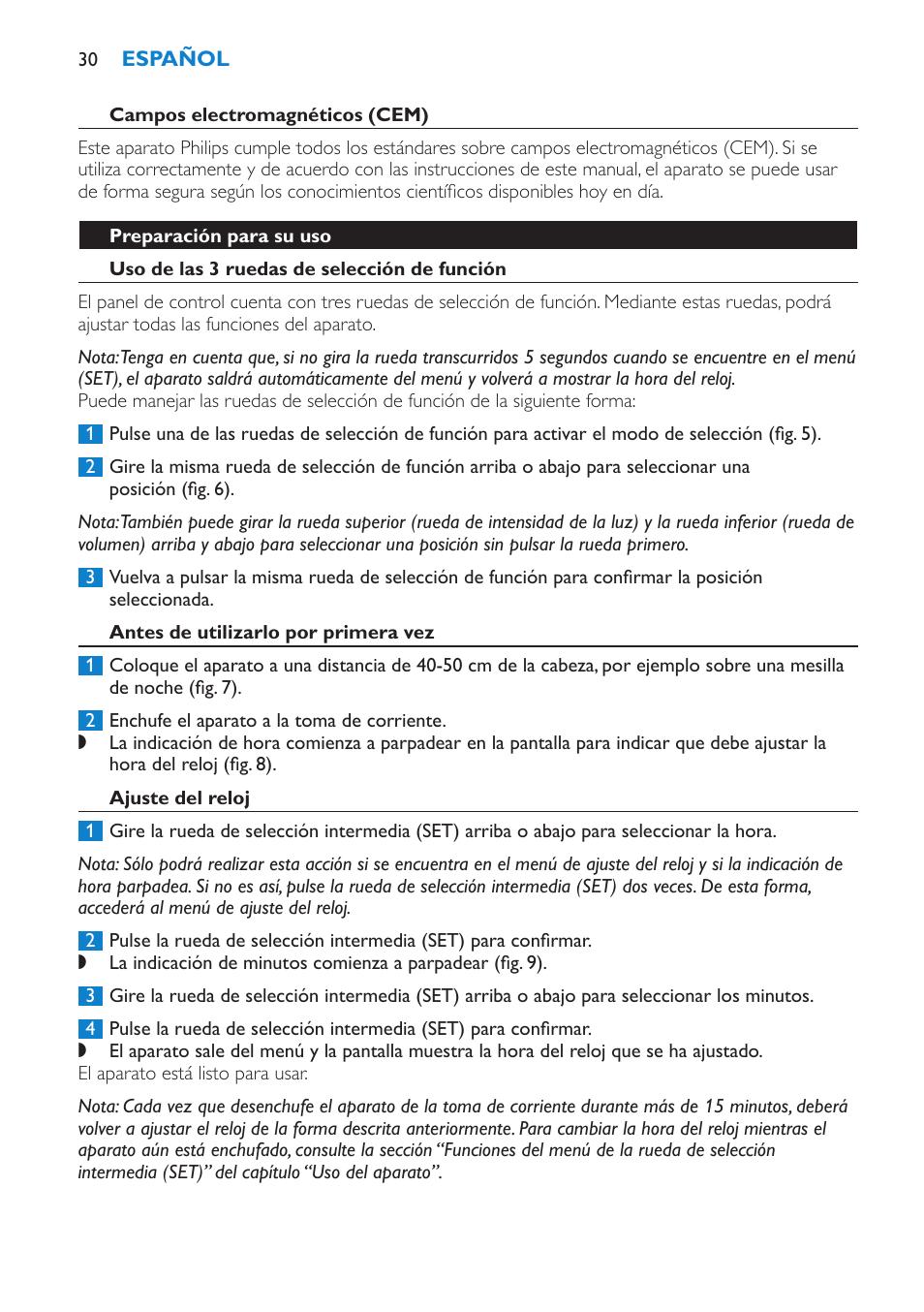 Campos electromagnéticos (cem), Preparación para su uso, Uso de las 3 ruedas de selección de función | Antes de utilizarlo por primera vez, Ajuste del reloj | Philips HF3475 User Manual | Page 30 / 108