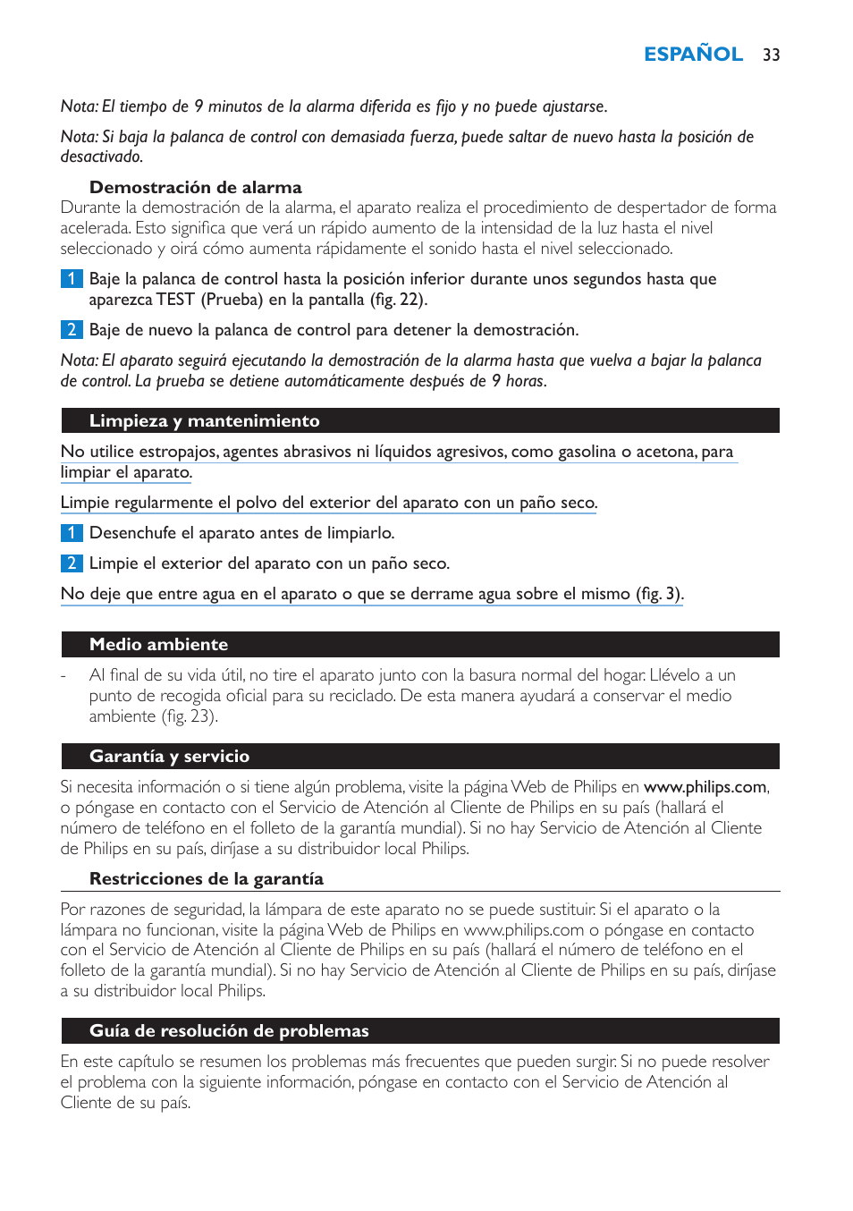 Demostración de alarma, Limpieza y mantenimiento, Medio ambiente | Garantía y servicio, Restricciones de la garantía, Guía de resolución de problemas | Philips HF3475 User Manual | Page 33 / 108