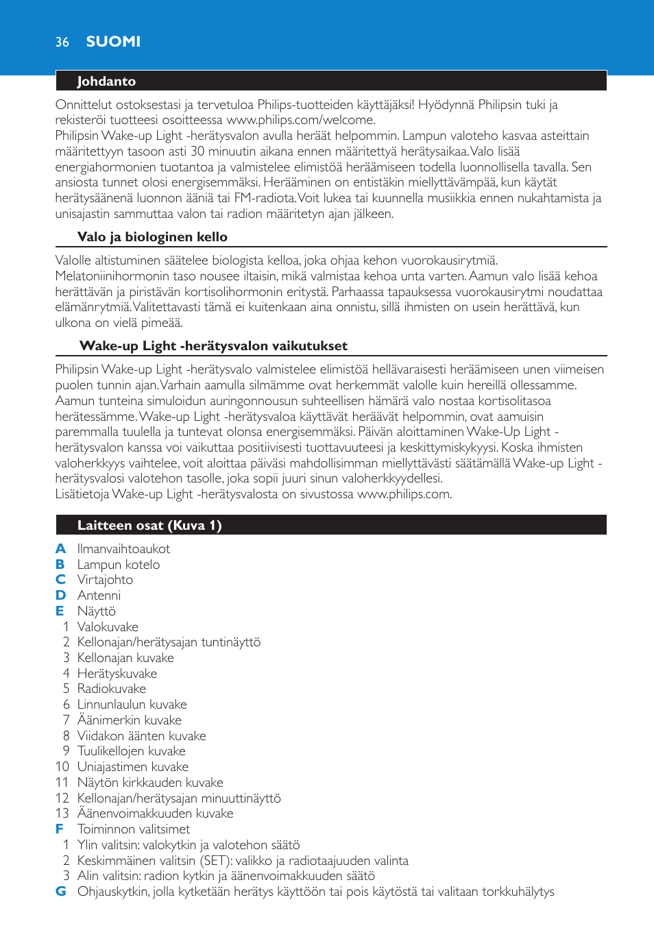 Suomi, Johdanto, Valo ja biologinen kello | Wake-up light -herätysvalon vaikutukset, Laitteen osat (kuva 1) | Philips HF3475 User Manual | Page 36 / 108