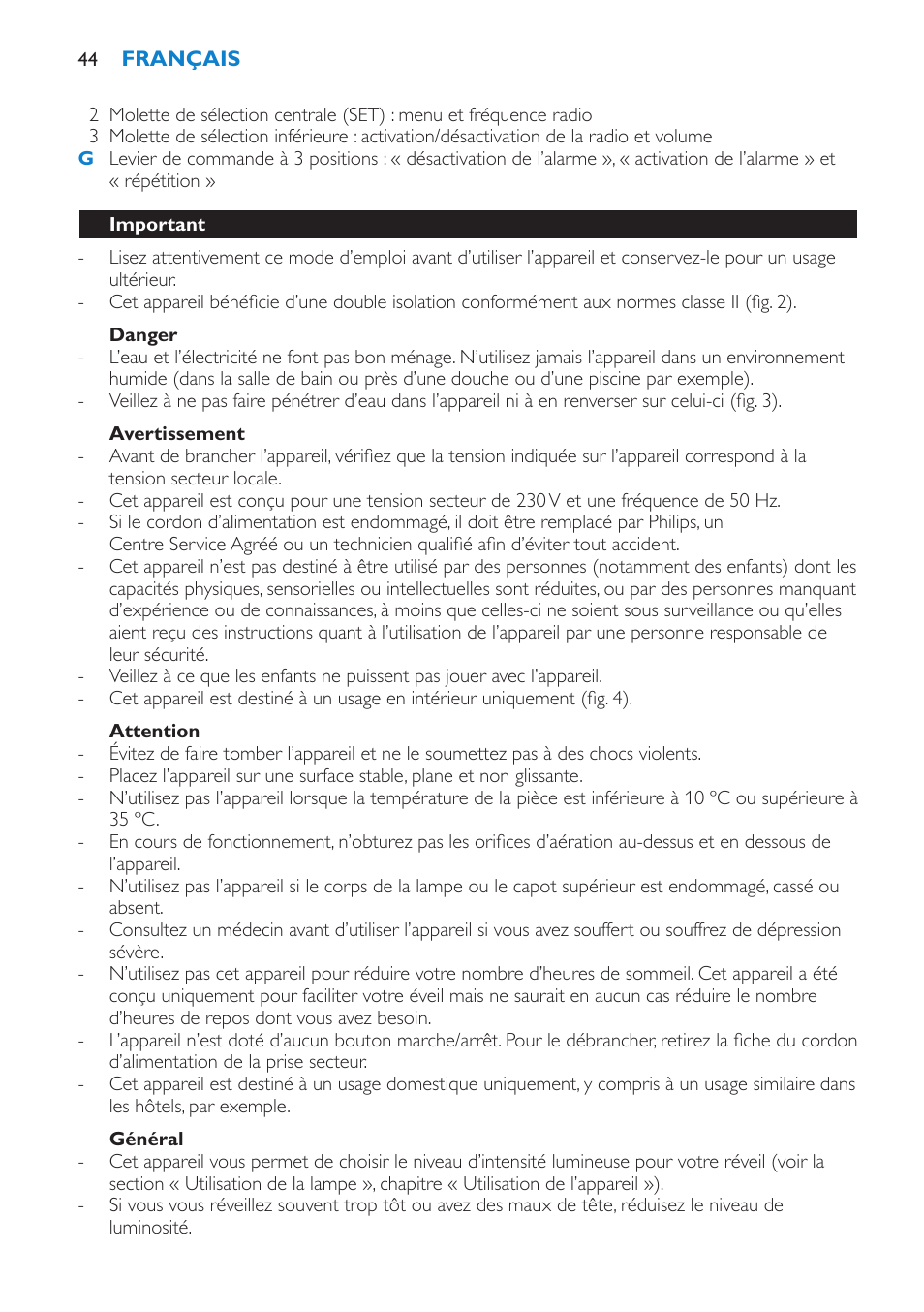 Danger, Avertissement, Attention | Général, Important | Philips HF3475 User Manual | Page 44 / 108