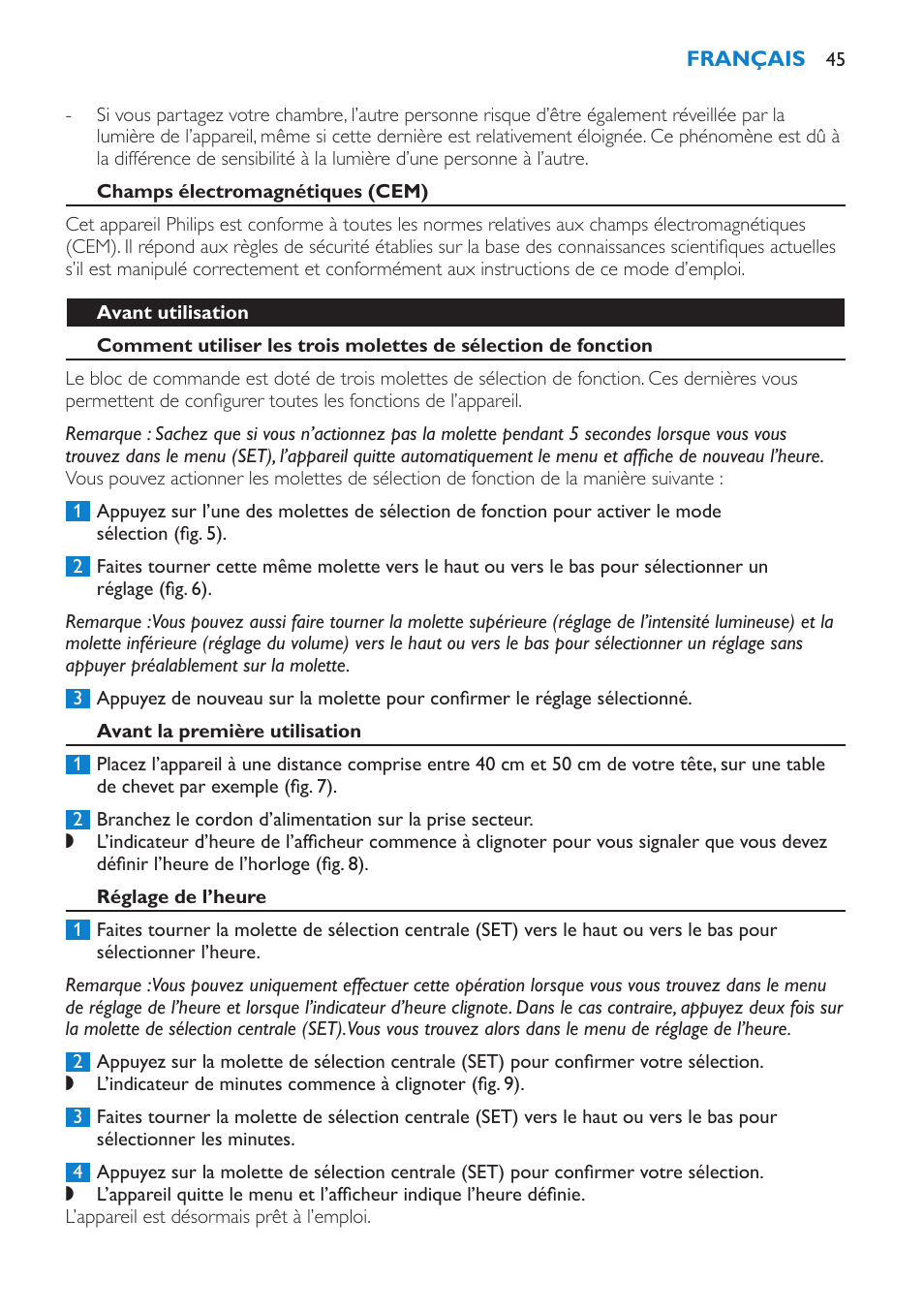 Champs électromagnétiques (cem), Avant utilisation, Avant la première utilisation | Réglage de l’heure | Philips HF3475 User Manual | Page 45 / 108