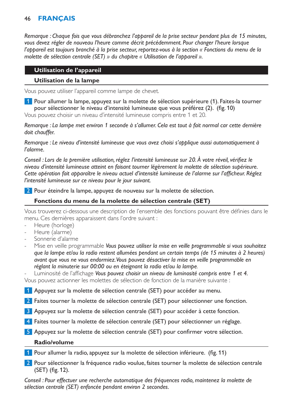 Utilisation de l’appareil, Utilisation de la lampe, Radio/volume | Philips HF3475 User Manual | Page 46 / 108