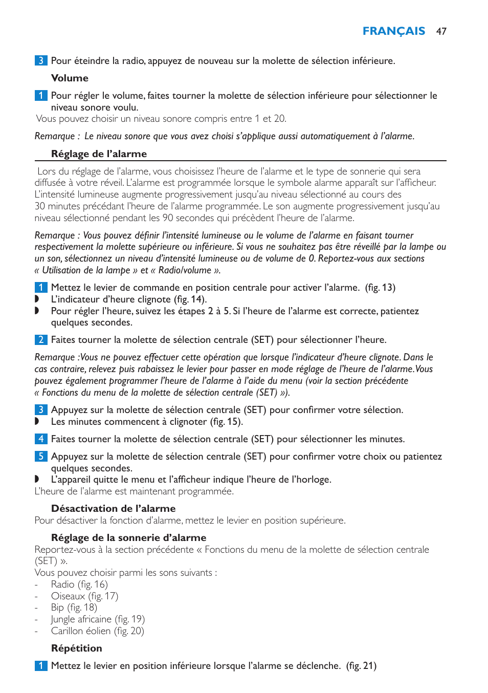 Volume, Réglage de l’alarme, Désactivation de l’alarme | Réglage de la sonnerie d’alarme, Répétition | Philips HF3475 User Manual | Page 47 / 108