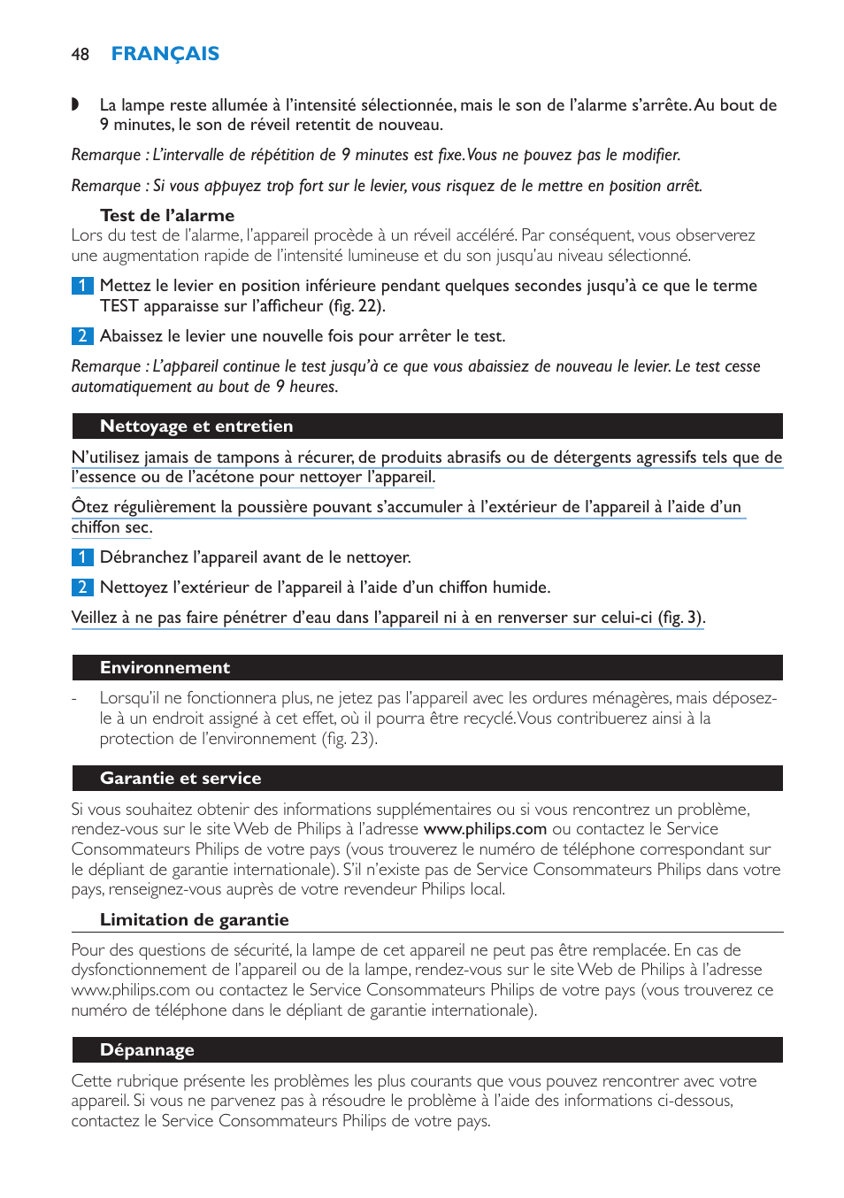 Test de l’alarme, Nettoyage et entretien, Environnement | Garantie et service, Limitation de garantie, Dépannage | Philips HF3475 User Manual | Page 48 / 108