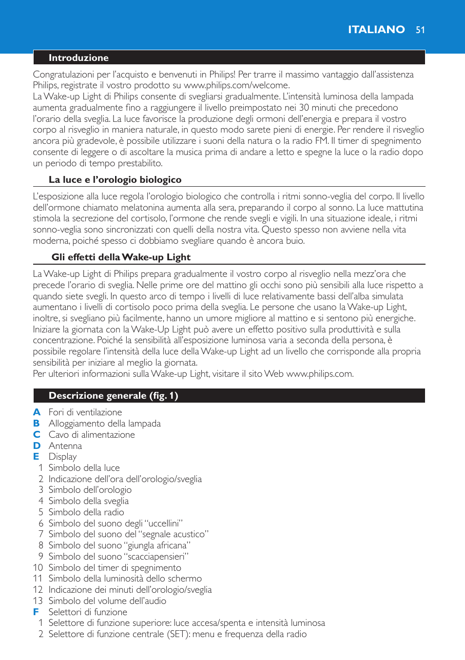 Italiano, Introduzione, La luce e l’orologio biologico | Gli effetti della wake-up light, Descrizione generale (fig. 1) | Philips HF3475 User Manual | Page 51 / 108