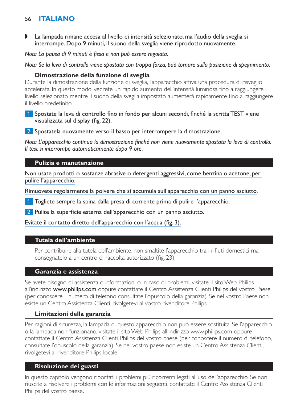 Dimostrazione della funzione di sveglia, Pulizia e manutenzione, Tutela dell’ambiente | Garanzia e assistenza, Limitazioni della garanzia, Risoluzione dei guasti | Philips HF3475 User Manual | Page 56 / 108