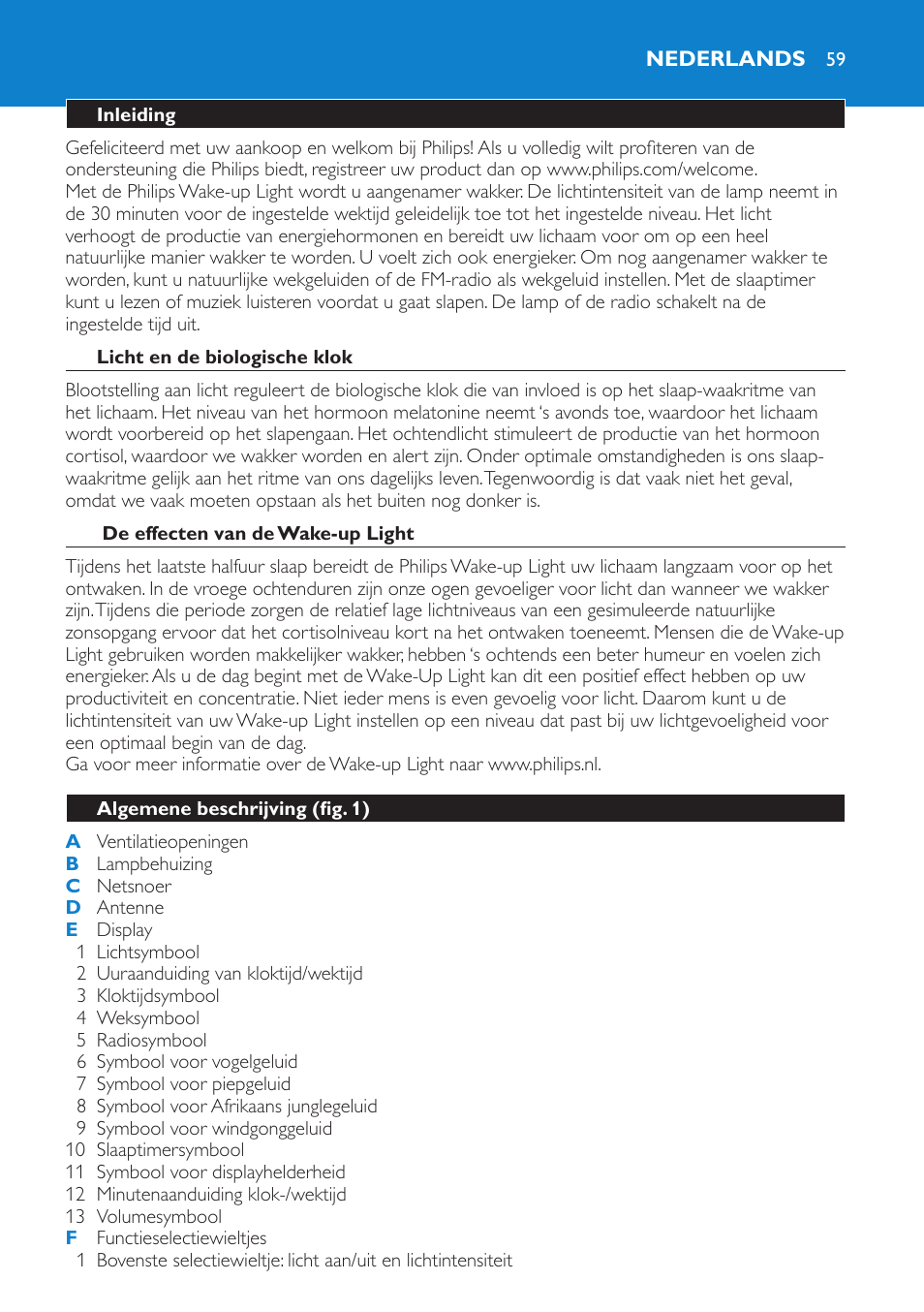 Nederlands, Inleiding, Licht en de biologische klok | De effecten van de wake-up light, Algemene beschrijving (fig. 1) | Philips HF3475 User Manual | Page 59 / 108