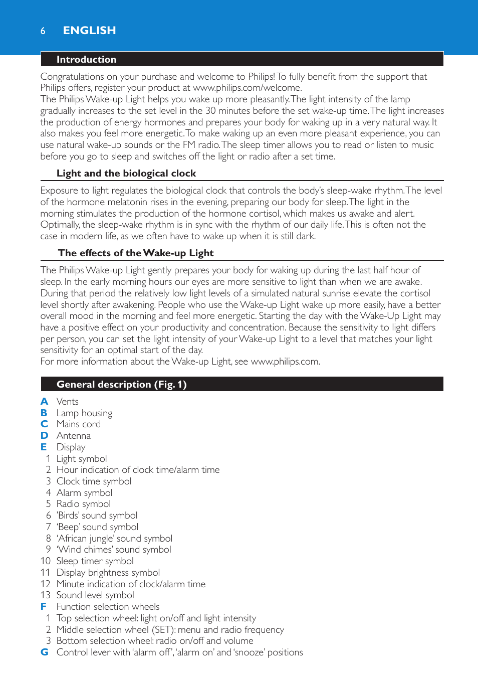 English, Introduction, Light and the biological clock | The effects of the wake-up light, General description (fig. 1) | Philips HF3475 User Manual | Page 6 / 108