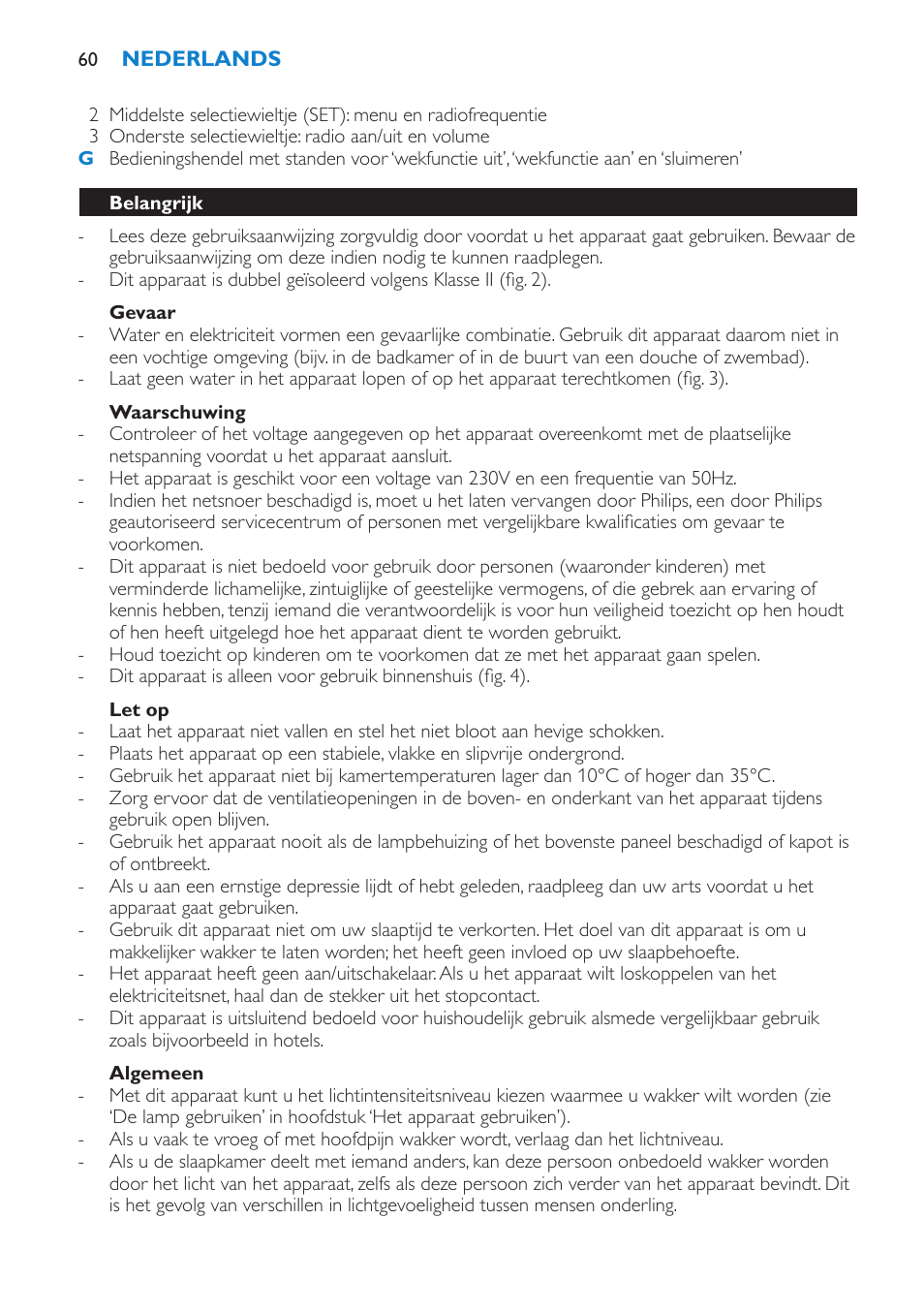 Gevaar, Waarschuwing, Let op | Algemeen, Belangrijk | Philips HF3475 User Manual | Page 60 / 108