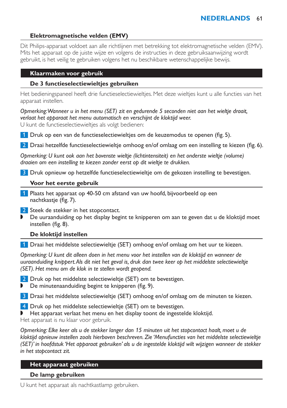 Elektromagnetische velden (emv), Klaarmaken voor gebruik, De 3 functieselectiewieltjes gebruiken | Voor het eerste gebruik, De kloktijd instellen, Het apparaat gebruiken, De lamp gebruiken | Philips HF3475 User Manual | Page 61 / 108