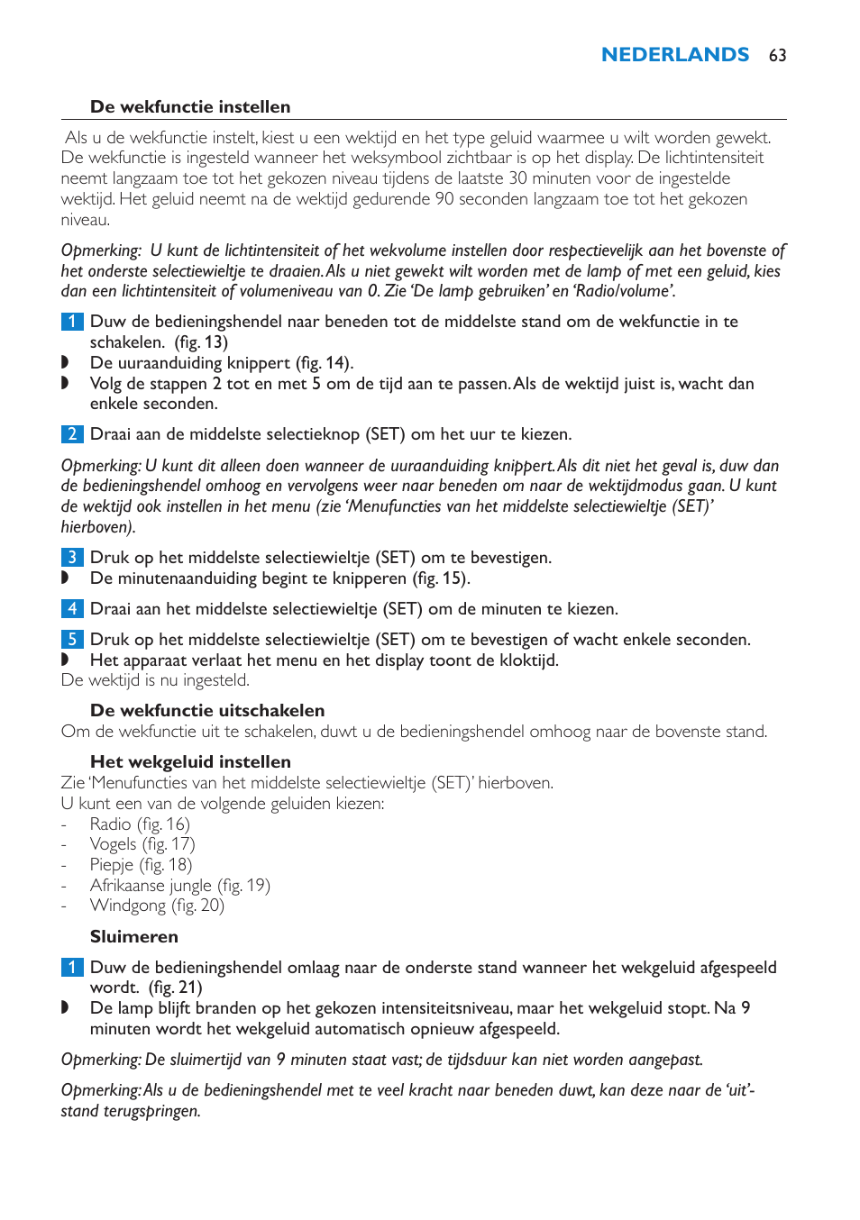 De wekfunctie instellen, De wekfunctie uitschakelen, Het wekgeluid instellen | Sluimeren | Philips HF3475 User Manual | Page 63 / 108