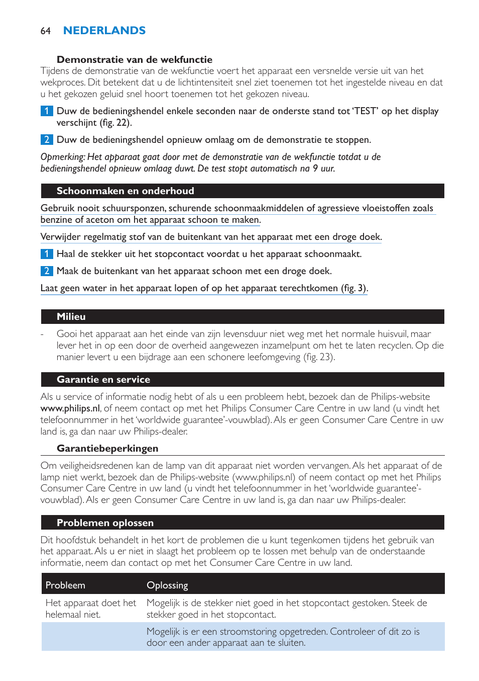 Demonstratie van de wekfunctie, Schoonmaken en onderhoud, Milieu | Garantie en service, Garantiebeperkingen, Problemen oplossen | Philips HF3475 User Manual | Page 64 / 108