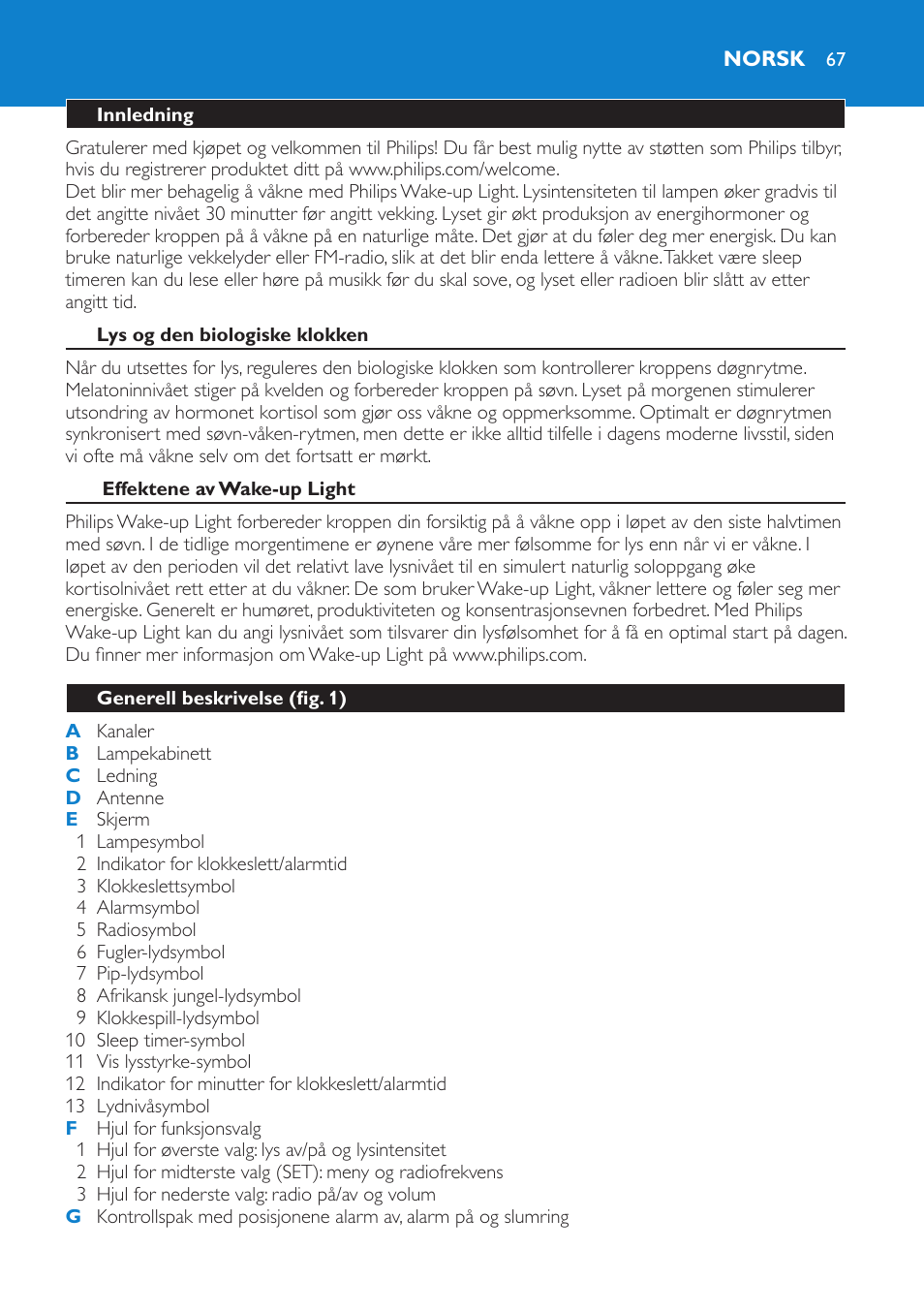 Norsk, Innledning, Lys og den biologiske klokken | Effektene av wake-up light, Generell beskrivelse (fig. 1) | Philips HF3475 User Manual | Page 67 / 108