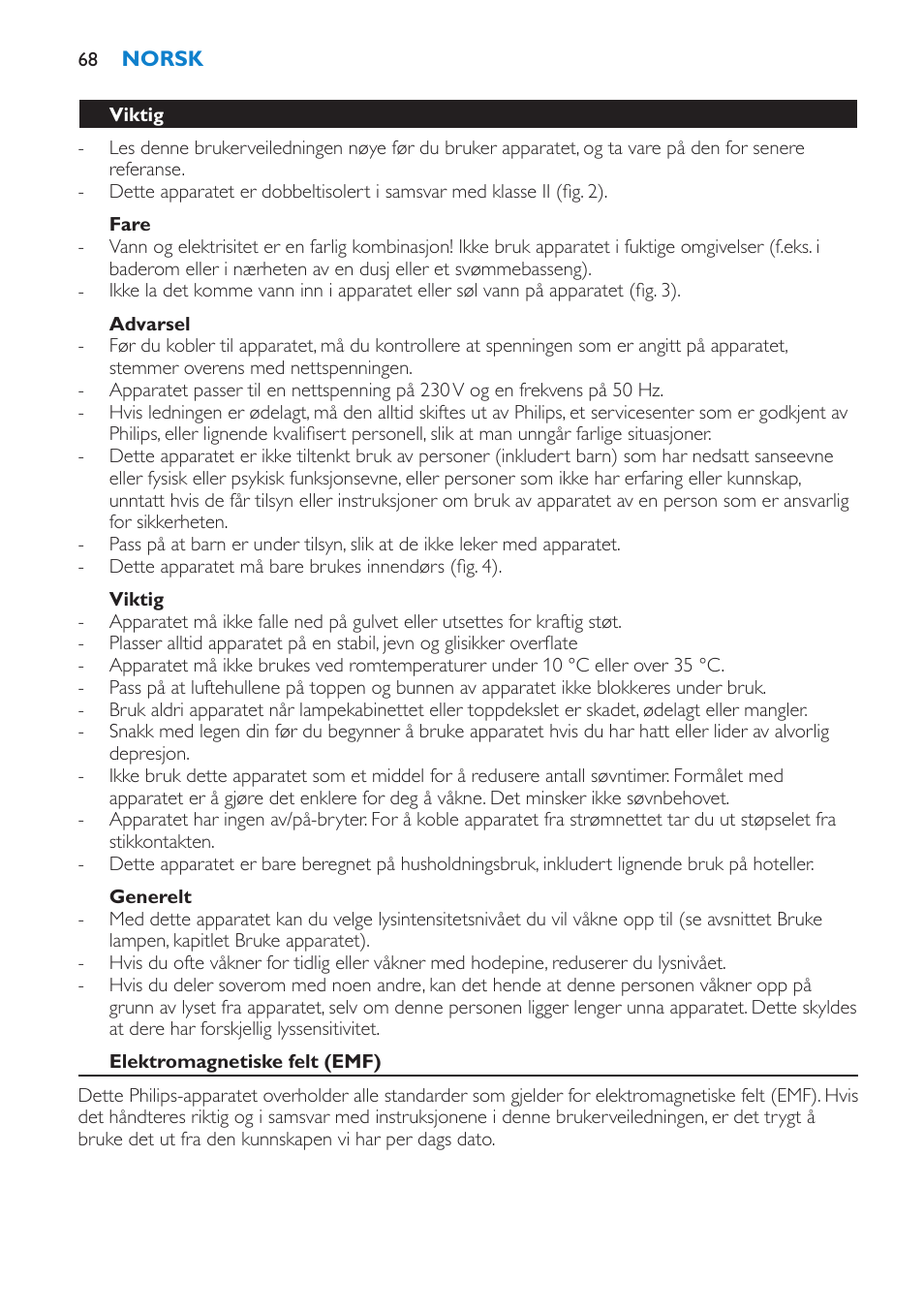 Fare, Advarsel, Viktig | Generelt, Elektromagnetiske felt (emf) | Philips HF3475 User Manual | Page 68 / 108