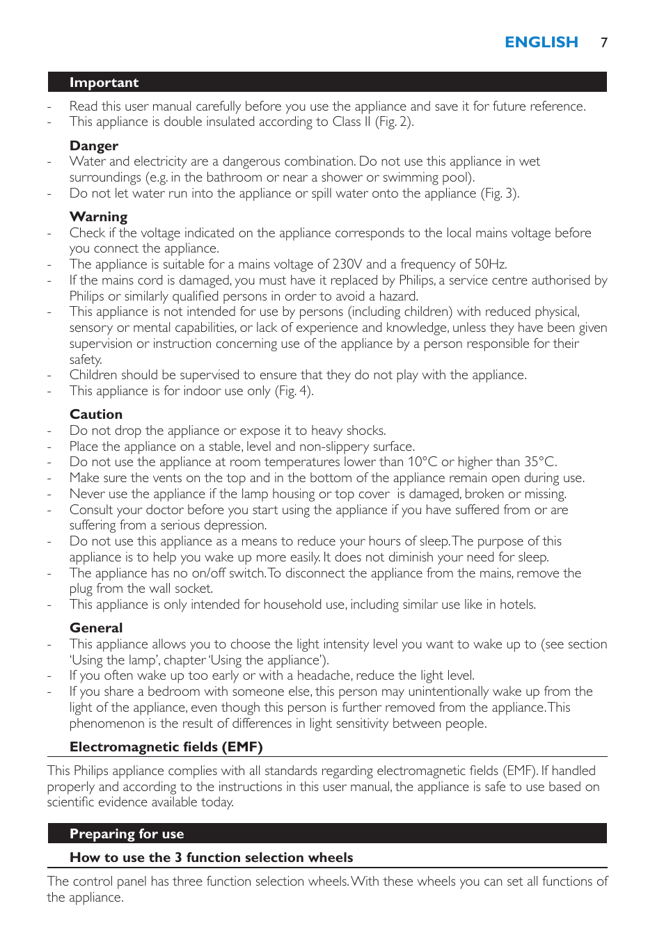 Danger, Warning, Caution | General, Important, Electromagnetic fields (emf), Preparing for use, How to use the 3 function selection wheels | Philips HF3475 User Manual | Page 7 / 108