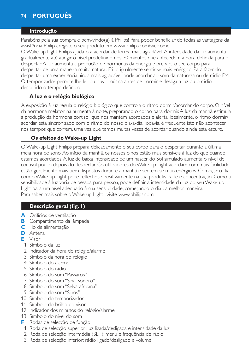 Português, Introdução, A luz e o relógio biológico | Os efeitos do wake-up light, Descrição geral (fig. 1) | Philips HF3475 User Manual | Page 74 / 108