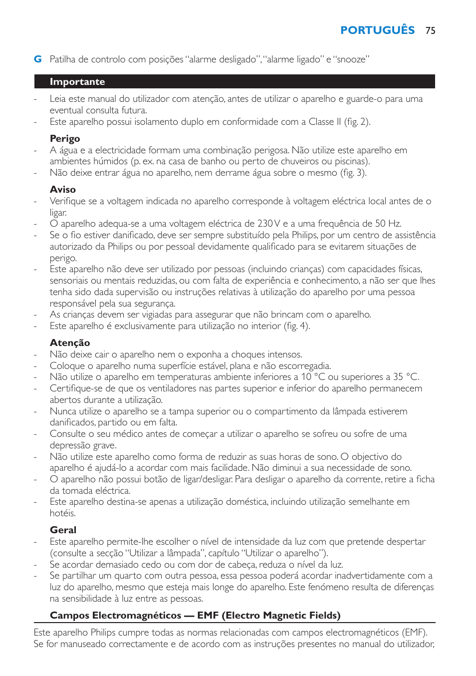 Perigo, Aviso, Atenção | Geral, Importante | Philips HF3475 User Manual | Page 75 / 108