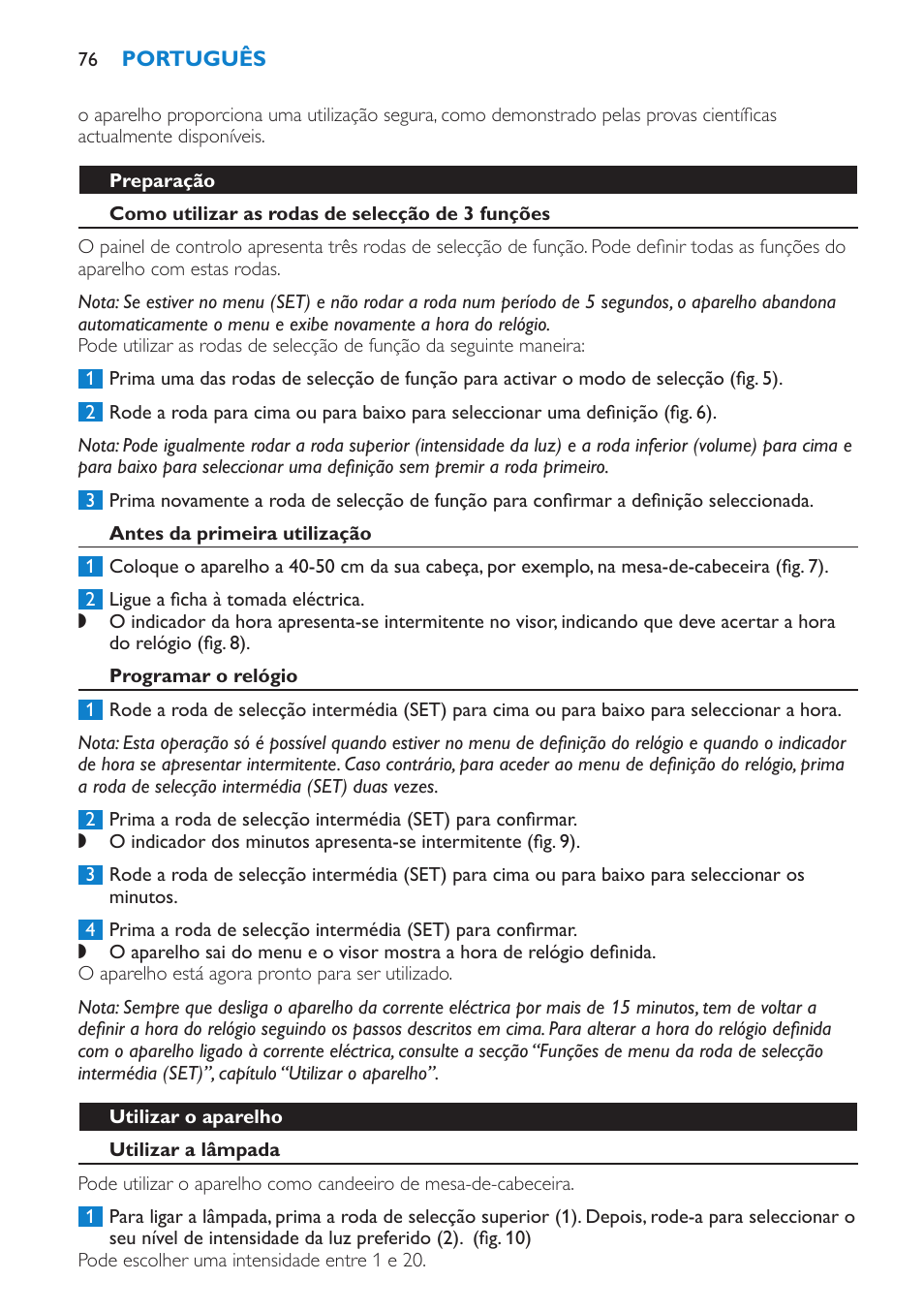 Preparação, Como utilizar as rodas de selecção de 3 funções, Antes da primeira utilização | Programar o relógio, Utilizar o aparelho, Utilizar a lâmpada | Philips HF3475 User Manual | Page 76 / 108