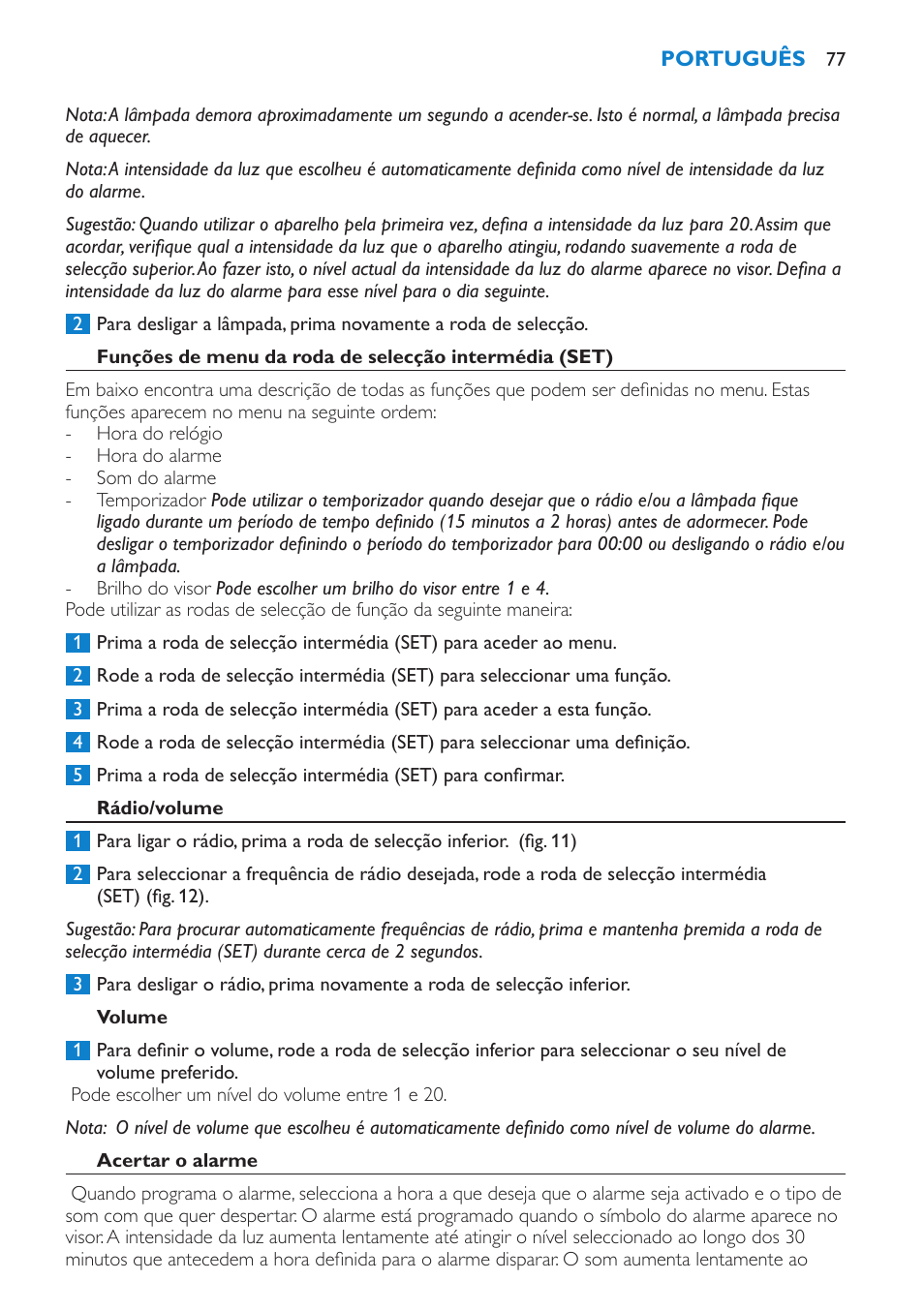 Rádio/volume, Volume, Acertar o alarme | Philips HF3475 User Manual | Page 77 / 108