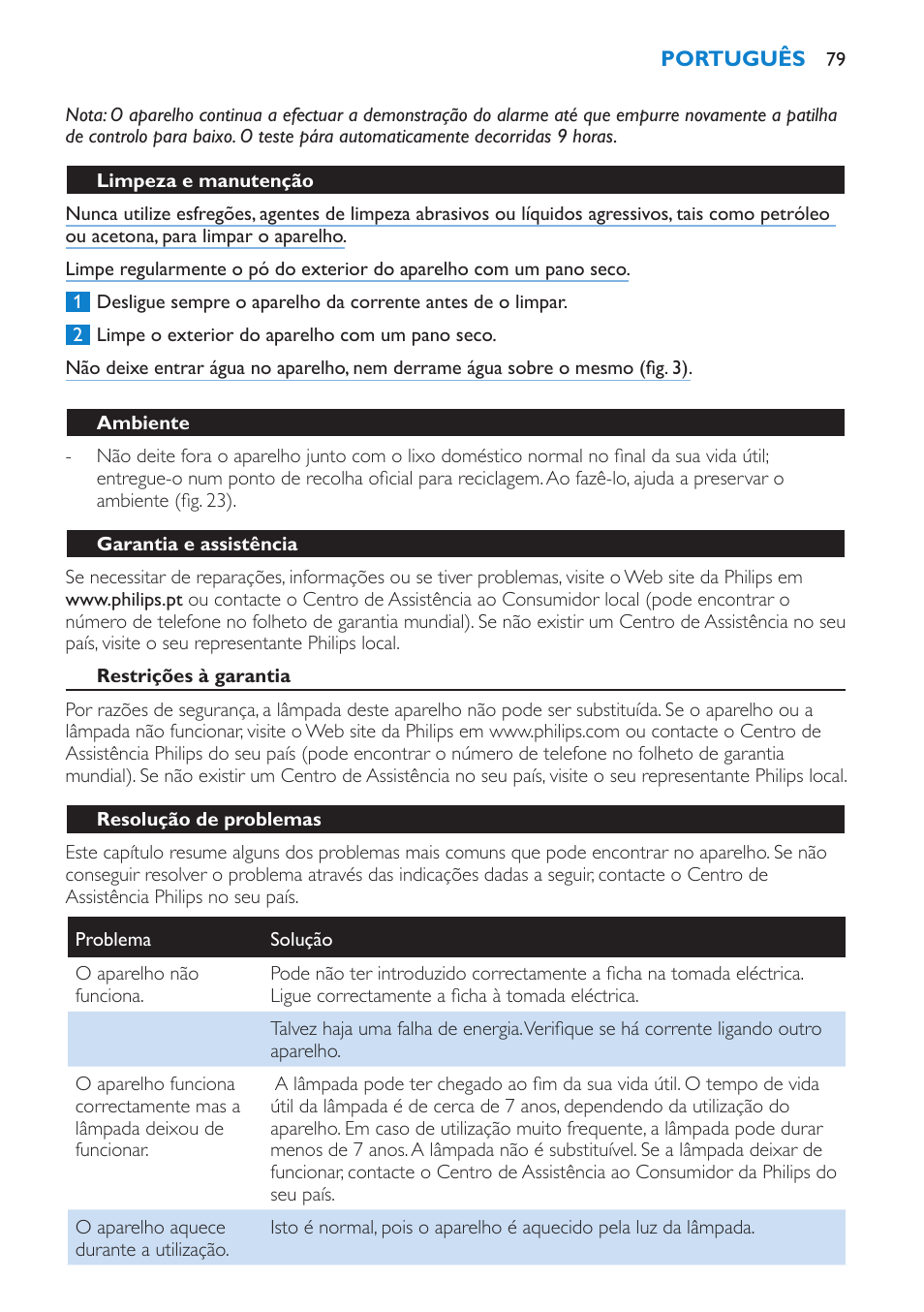 Limpeza e manutenção, Ambiente, Garantia e assistência | Restrições à garantia, Resolução de problemas | Philips HF3475 User Manual | Page 79 / 108