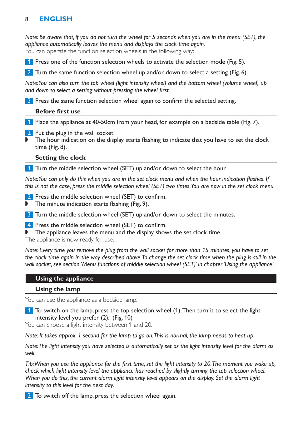 Before first use, Setting the clock, Using the appliance | Using the lamp | Philips HF3475 User Manual | Page 8 / 108