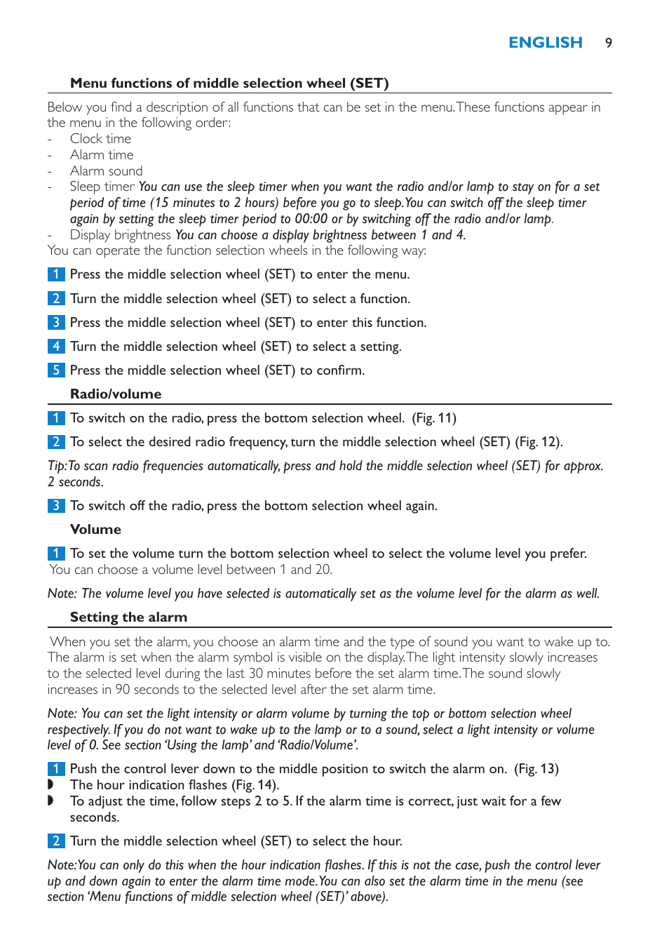 Menu functions of middle selection wheel (set), Radio/volume, Volume | Setting the alarm | Philips HF3475 User Manual | Page 9 / 108