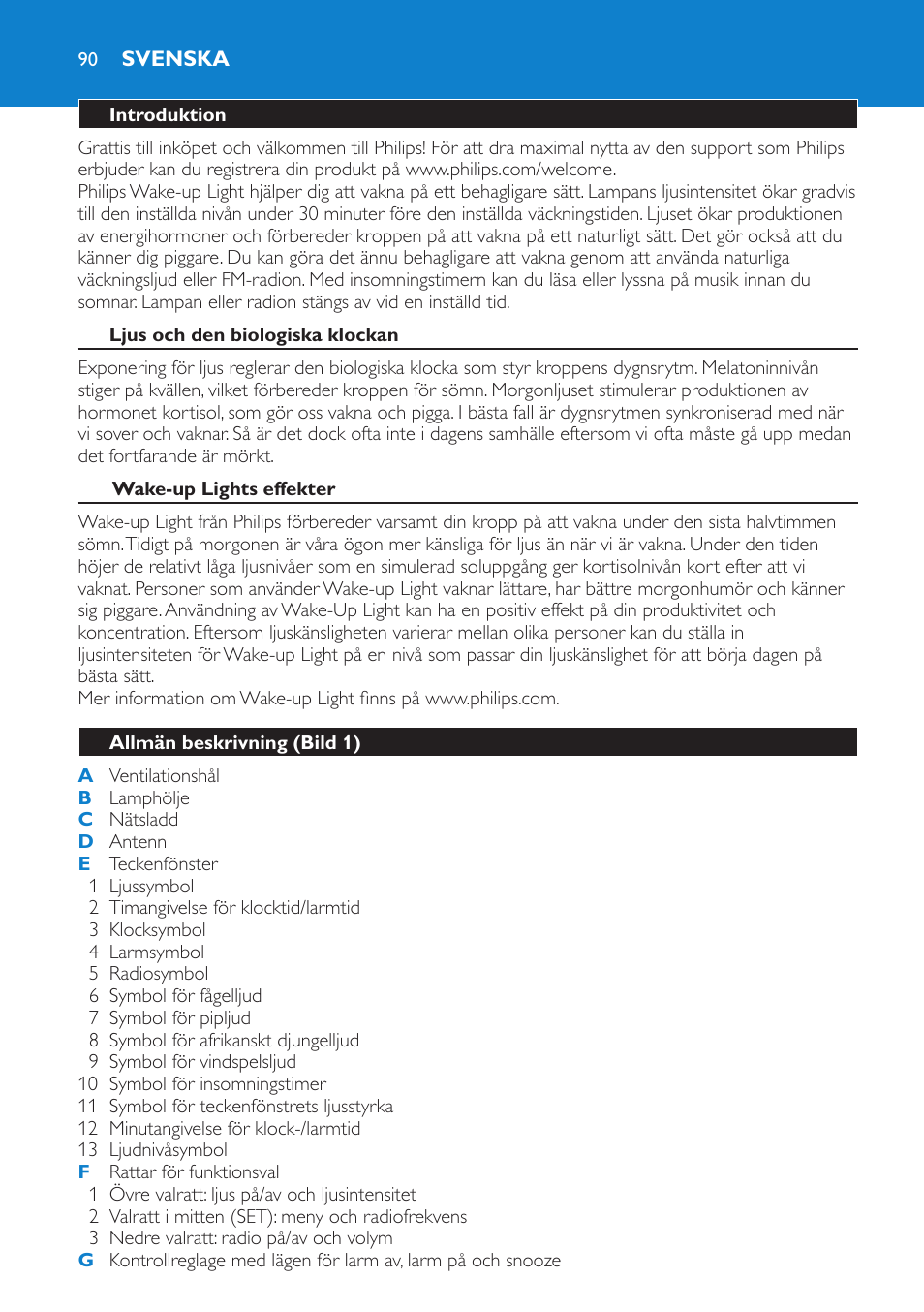 Svenska, Introduktion, Ljus och den biologiska klockan | Wake-up lights effekter, Allmän beskrivning (bild 1) | Philips HF3475 User Manual | Page 90 / 108