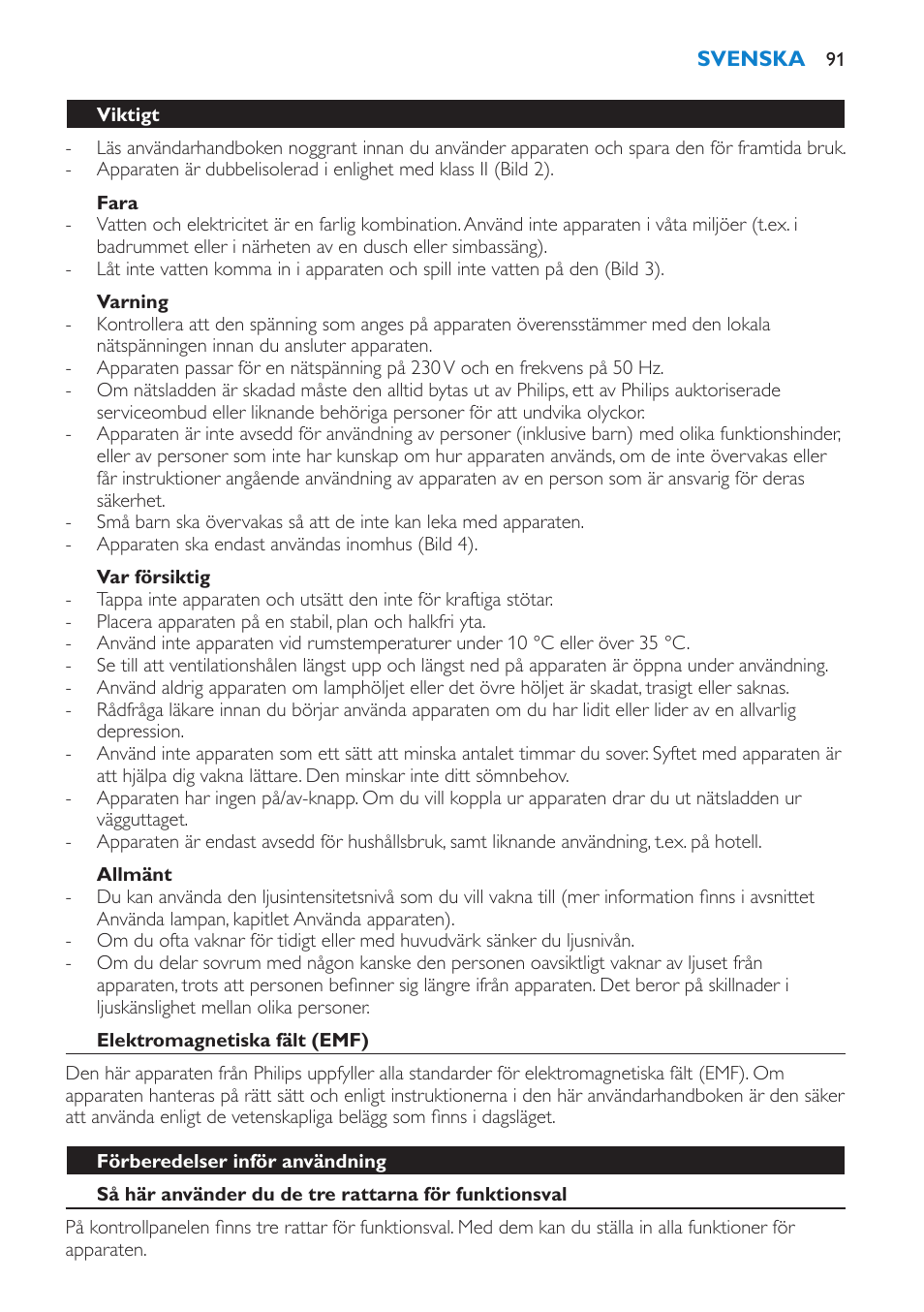 Fara, Varning, Var försiktig | Allmänt, Viktigt, Elektromagnetiska fält (emf), Förberedelser inför användning | Philips HF3475 User Manual | Page 91 / 108
