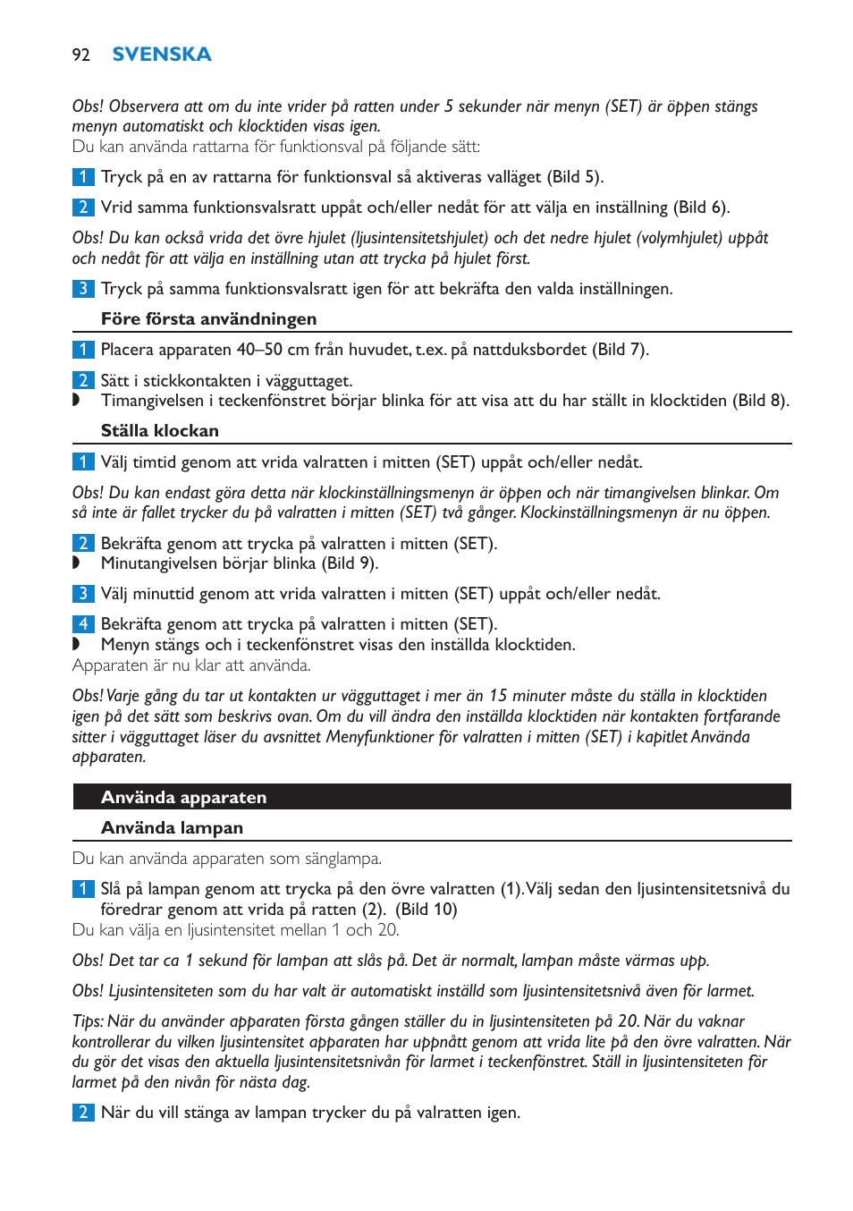 Före första användningen, Ställa klockan, Använda apparaten | Använda lampan | Philips HF3475 User Manual | Page 92 / 108