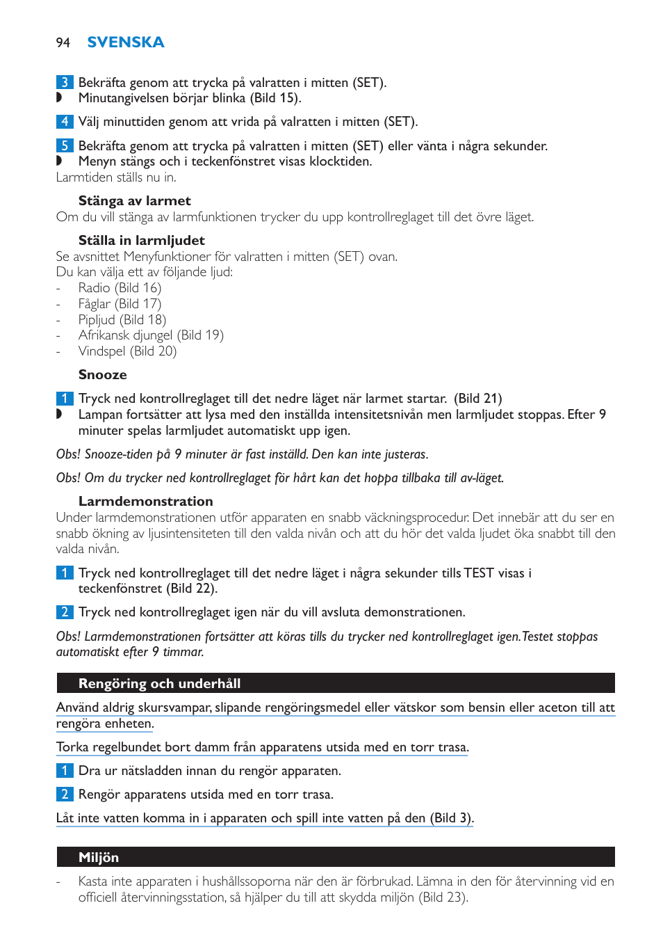 Stänga av larmet, Ställa in larmljudet, Snooze | Larmdemonstration, Rengöring och underhåll, Miljön | Philips HF3475 User Manual | Page 94 / 108