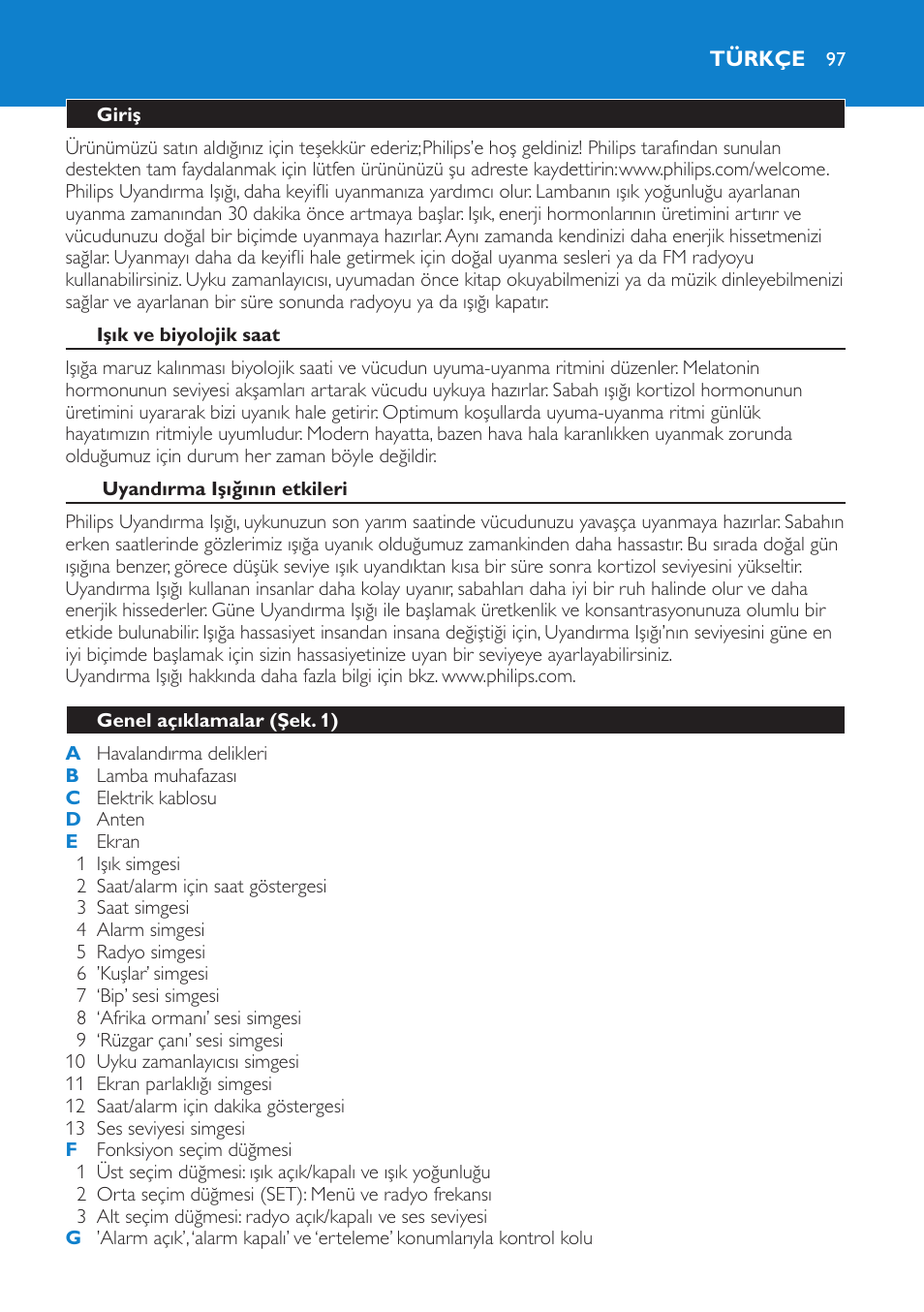 Türkçe, Giriş, Işık ve biyolojik saat | Uyandırma işığının etkileri, Genel açıklamalar (şek. 1) | Philips HF3475 User Manual | Page 97 / 108