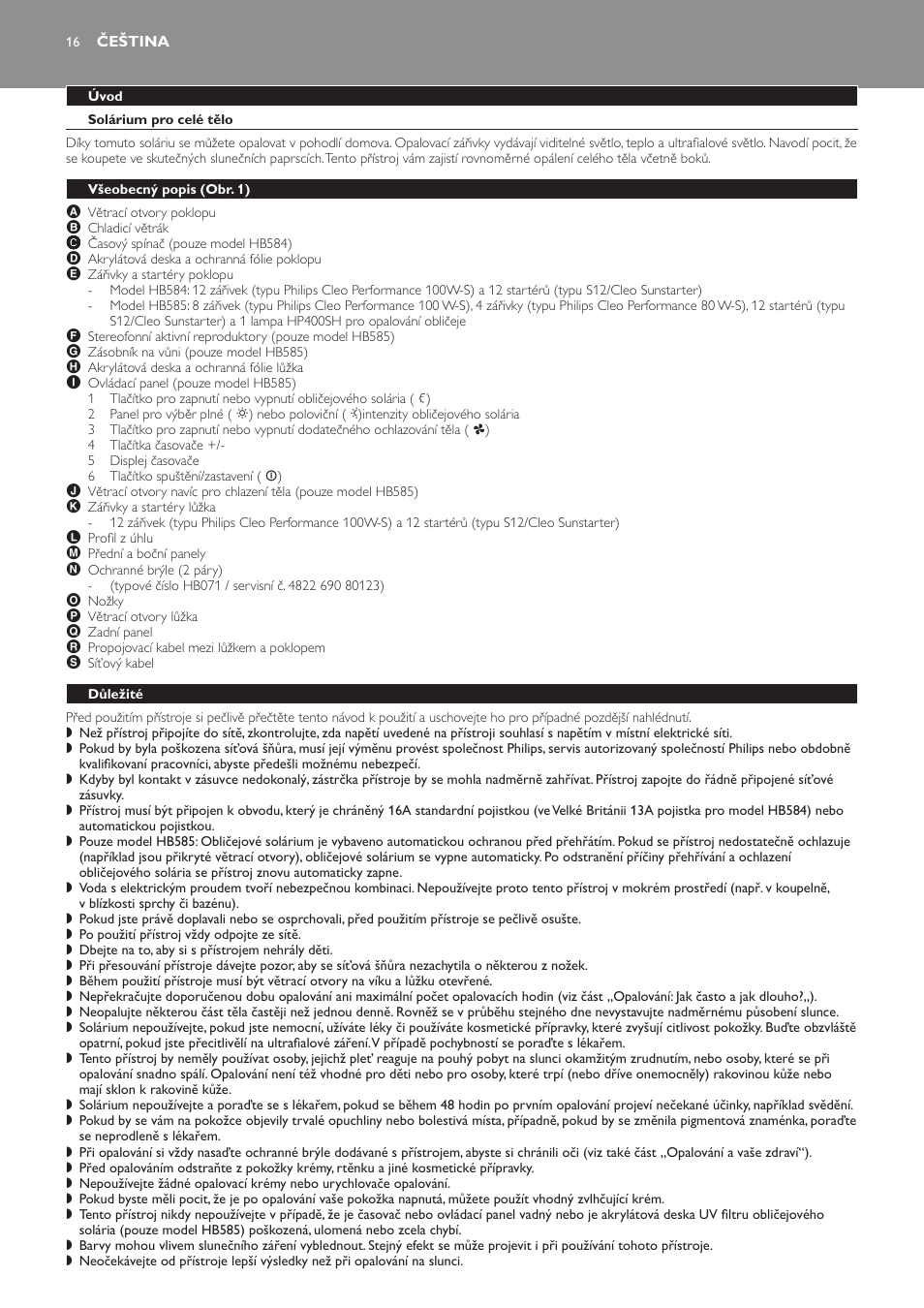 Čeština, Úvod, Solárium pro celé tělo | Všeobecný popis﻿ (obr. 1), Důležité | Philips HB584 User Manual | Page 16 / 96