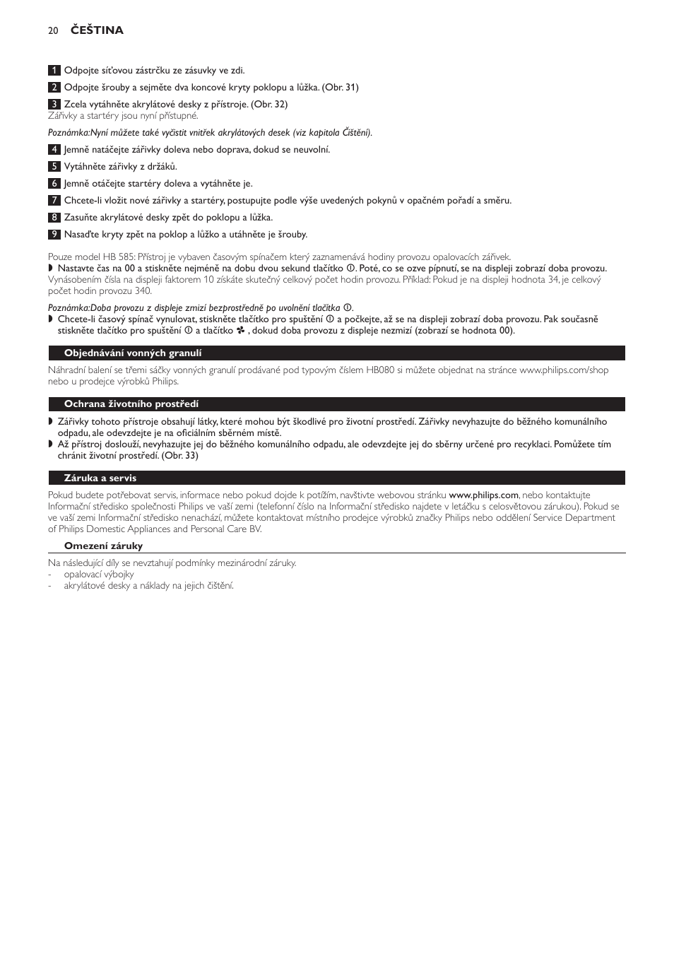 Objednávání vonných granulí, Ochrana životního prostředí, Záruka a servis | Omezení záruky, Nejčastější dotazy | Philips HB584 User Manual | Page 20 / 96